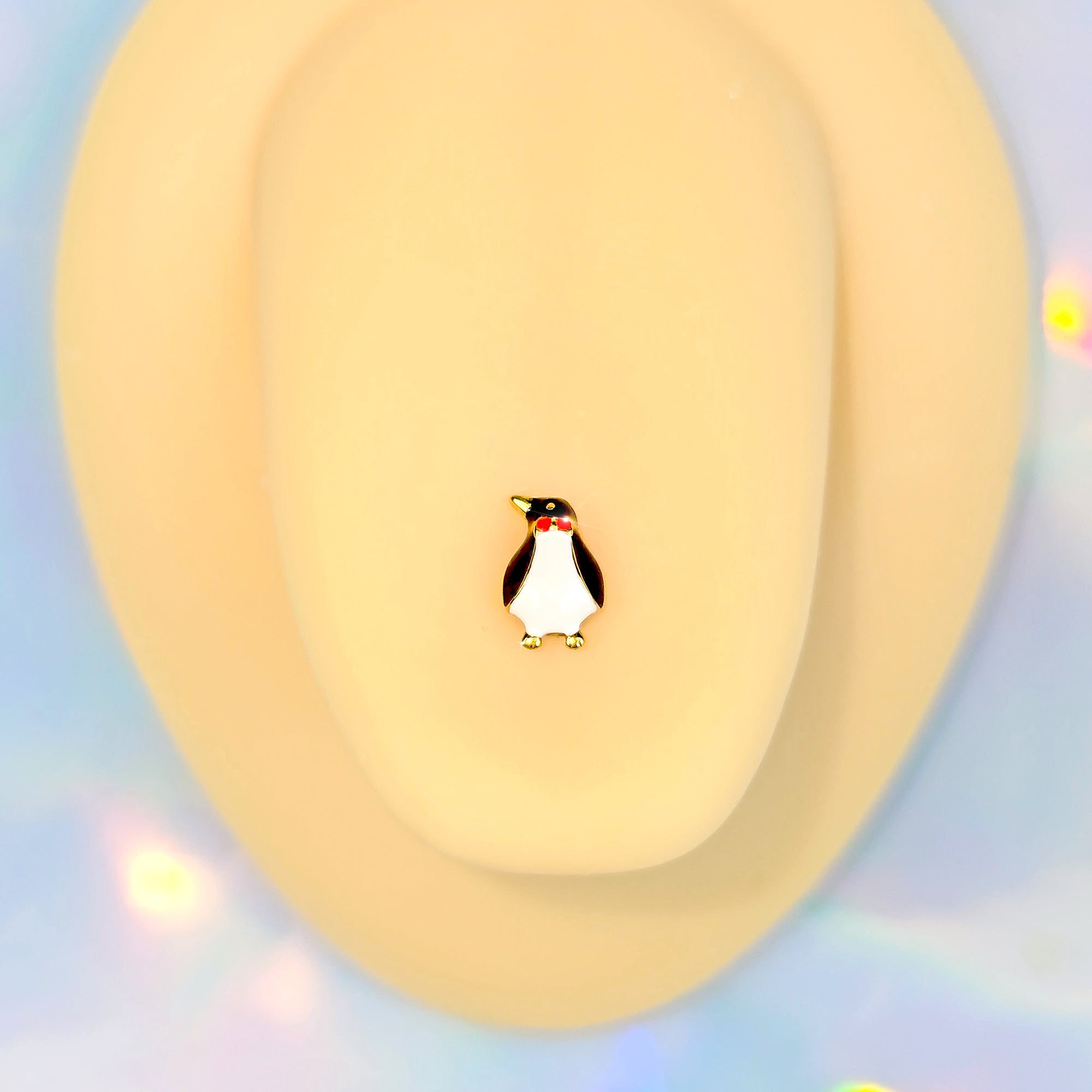 BodyCandy Gold Tone Bow Tie Penguin Barbell Tongue Ring — detail close-up
