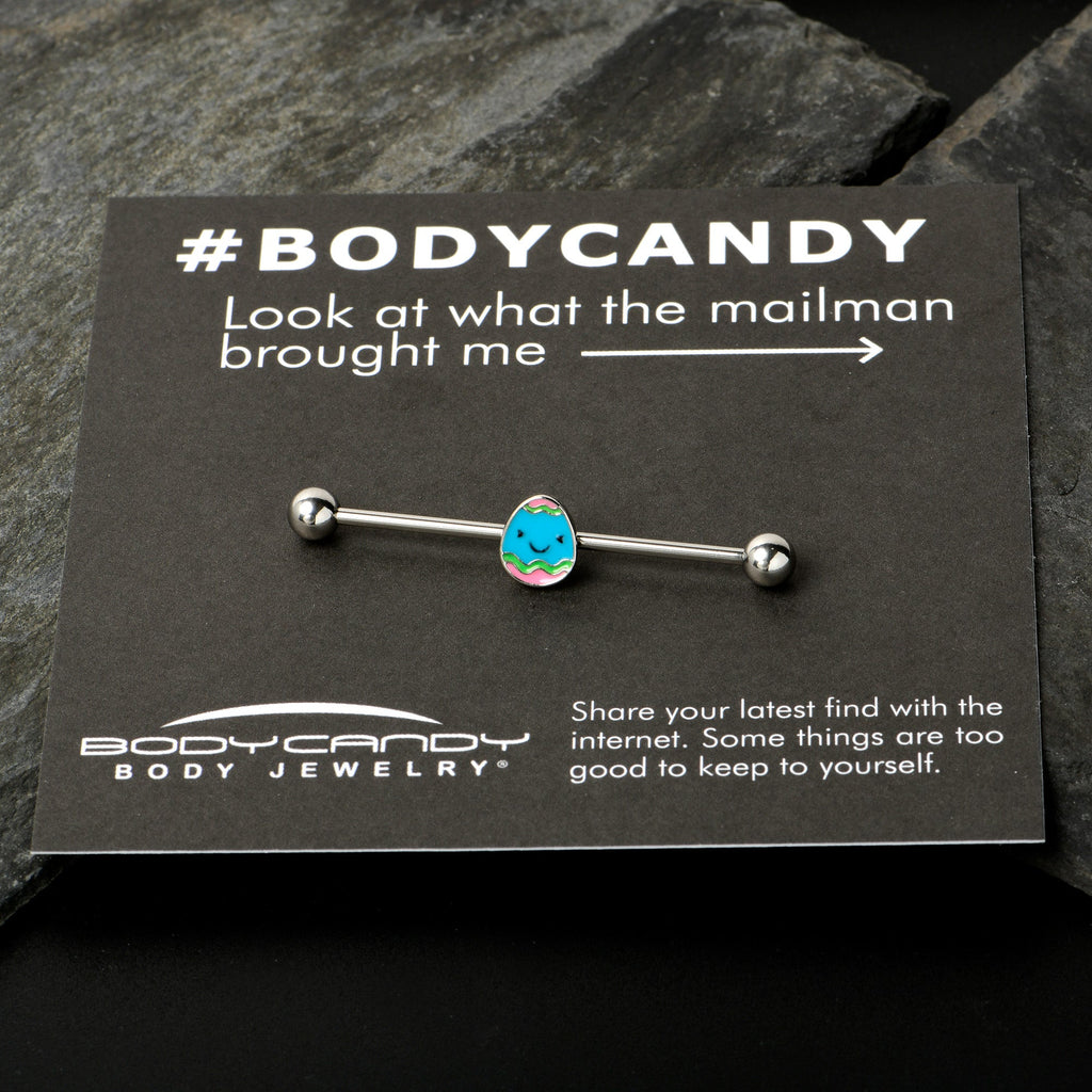 BodyCandy 14G Blue Celebration Easter Egg Industrial Barbell 38mm — in-use photo