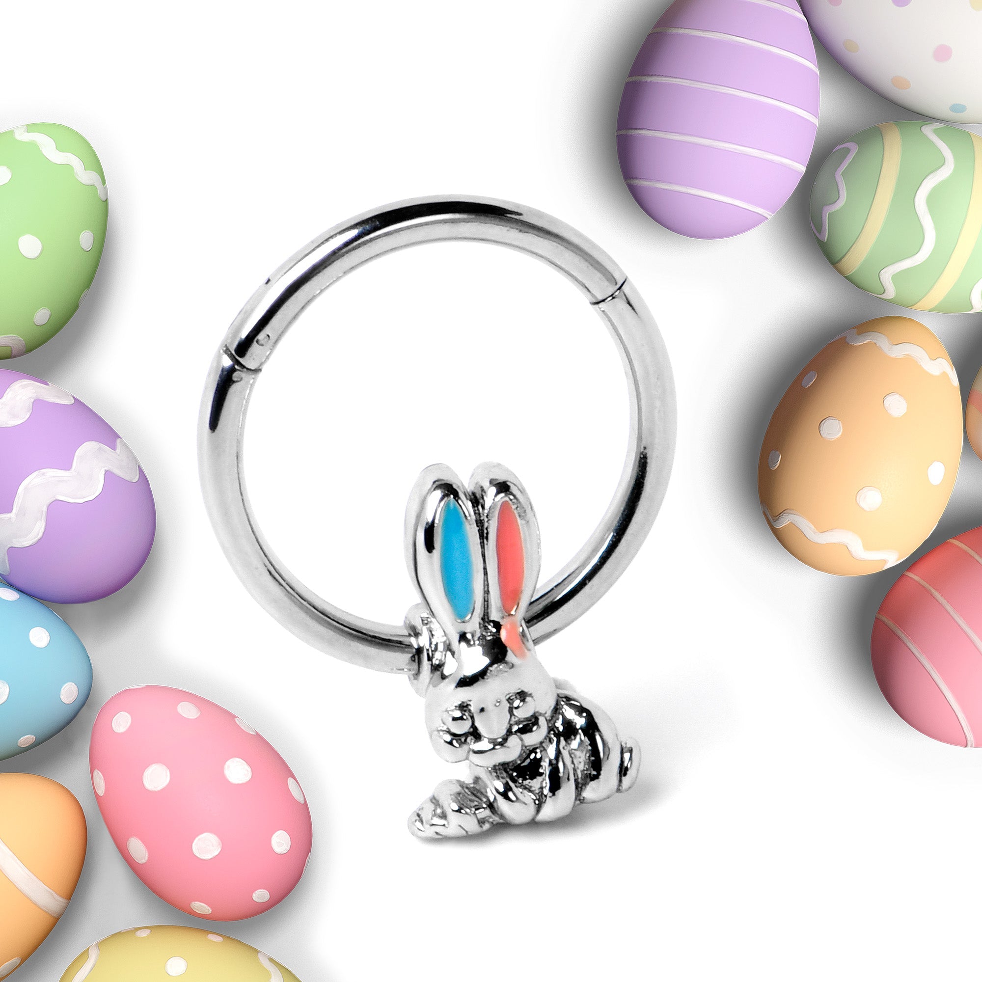 BodyCandy 16G 3/8 Easter Bunny Red Blue Ears Hinged Segment Ring — side view