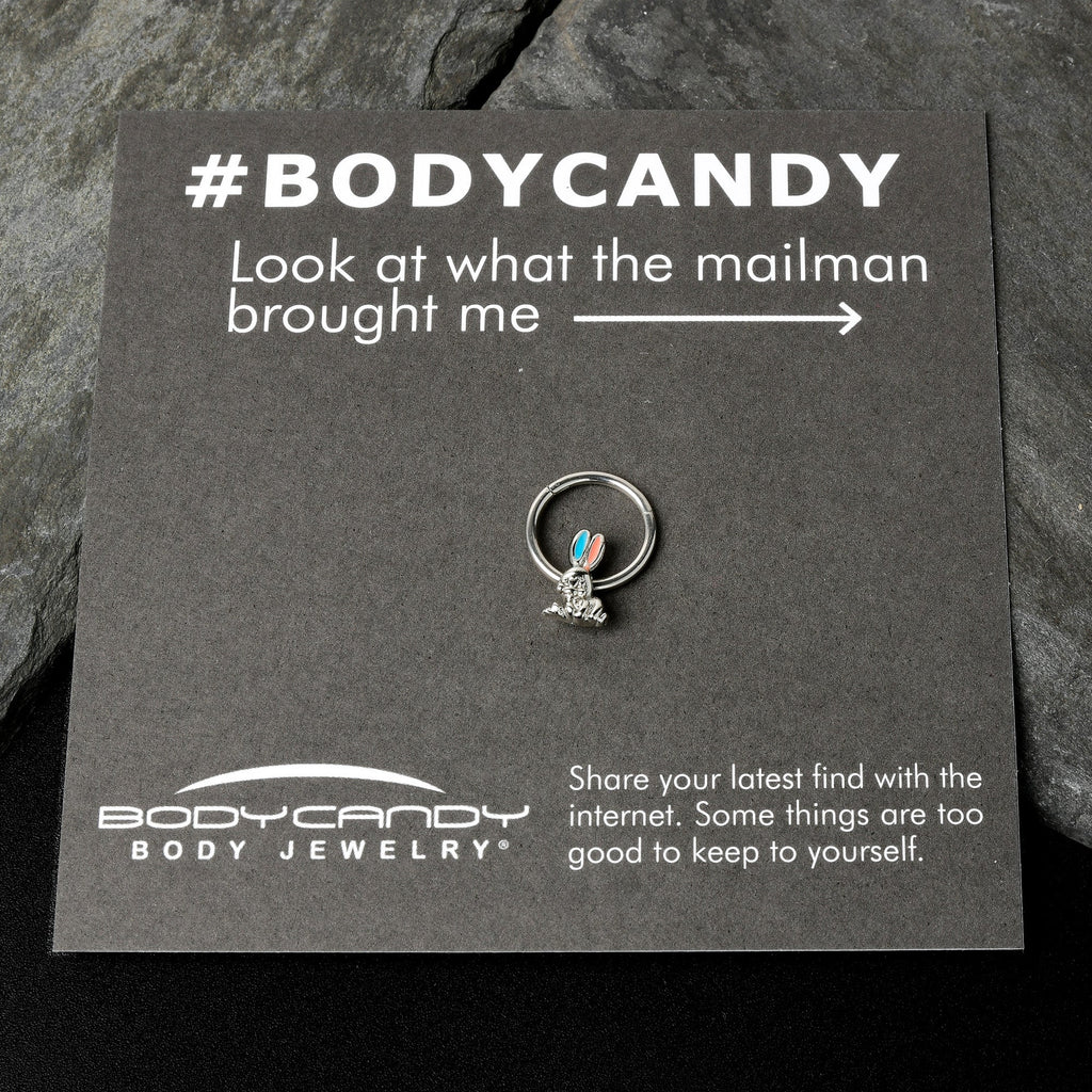BodyCandy 16G 3/8 Easter Bunny Red Blue Ears Hinged Segment Ring — in-use photo