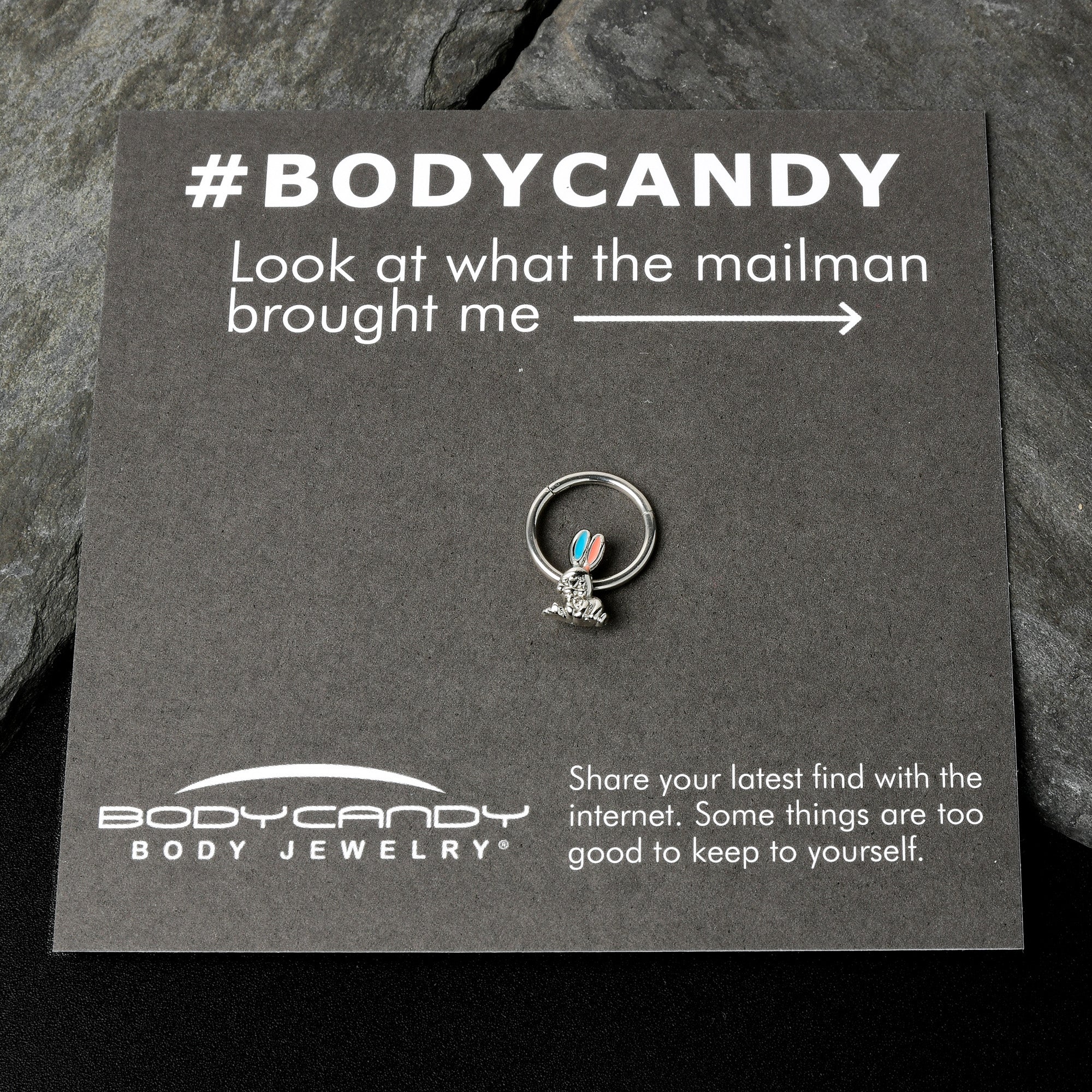 BodyCandy 16G 3/8 Easter Bunny Red Blue Ears Hinged Segment Ring — in-use photo