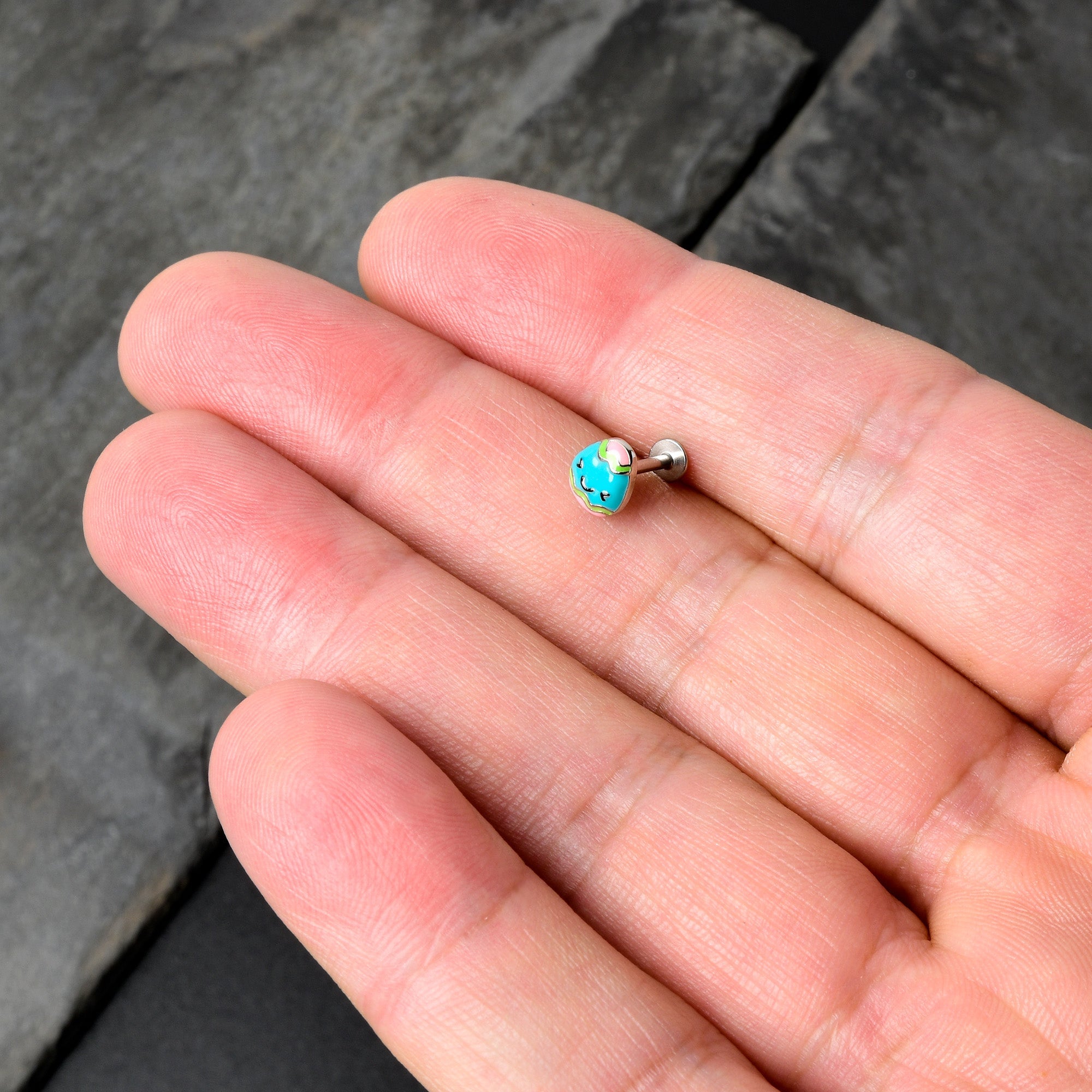 BodyCandy 16G 5/16 Blue Celebration Easter Egg Labret Monroe Tragus — in-use photo