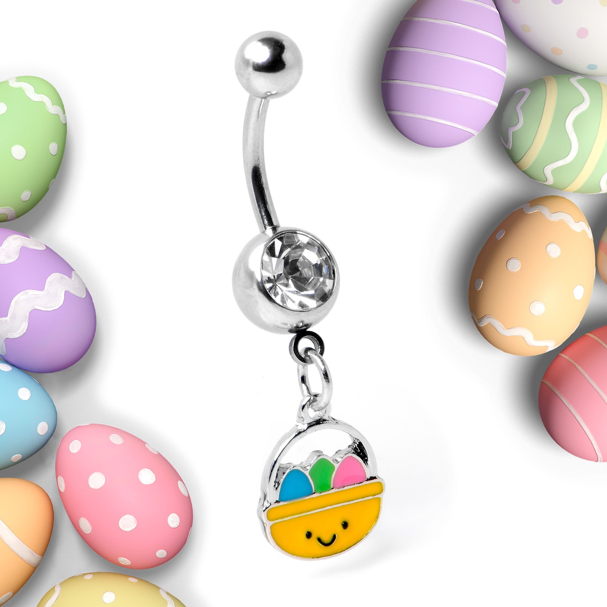 BodyCandy Clear Gem Celebration Easter Basket Dangle Belly Ring — side view