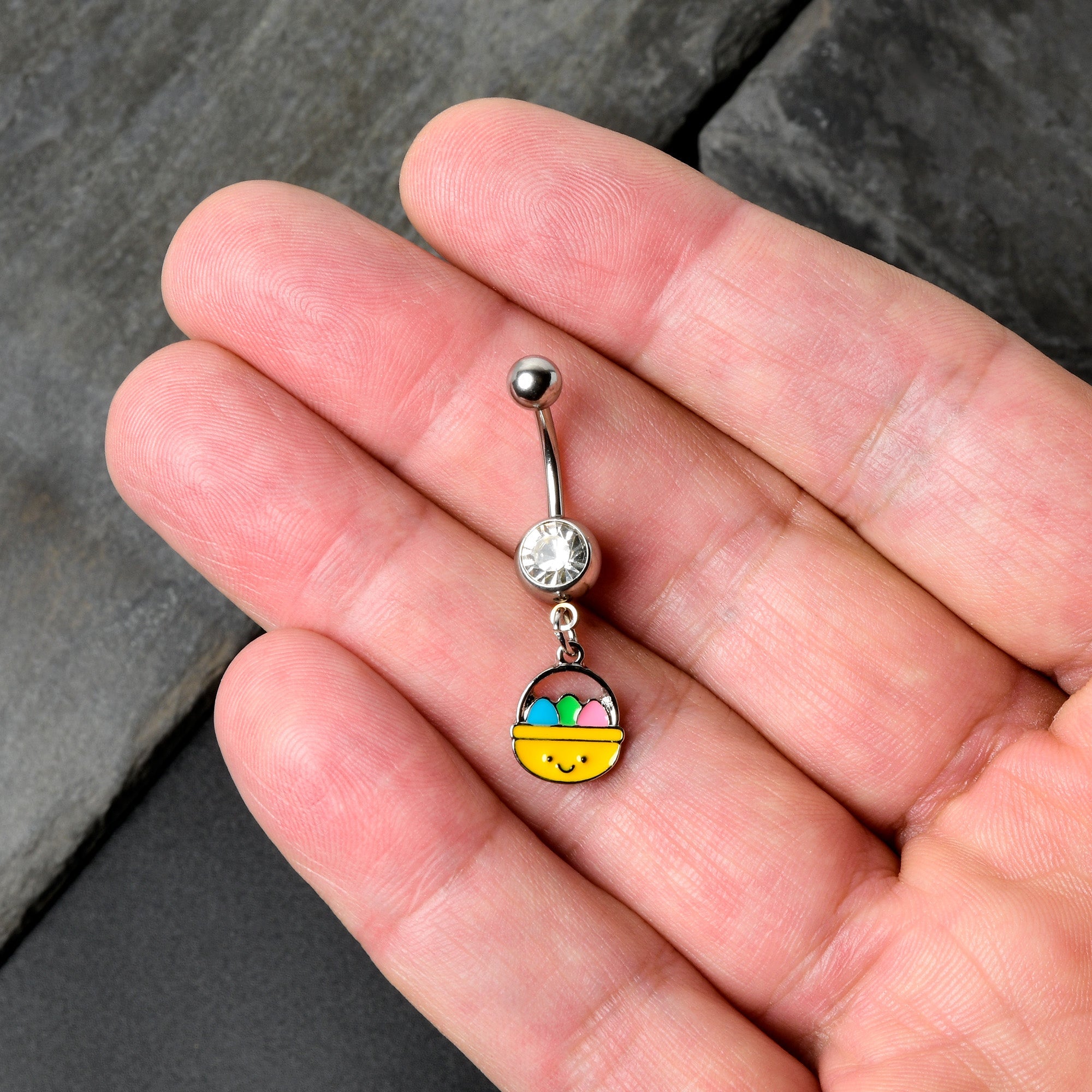 BodyCandy Clear Gem Celebration Easter Basket Dangle Belly Ring — in-use photo