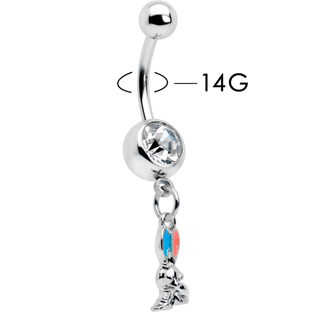 BodyCandy Clear Gem Easter Bunny Red Blue Ears Dangle Belly Ring — detail close-up