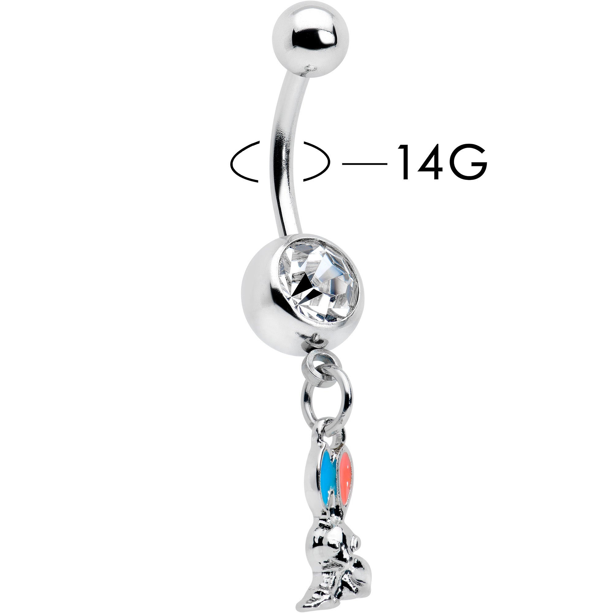 BodyCandy Clear Gem Easter Bunny Red Blue Ears Dangle Belly Ring — detail close-up