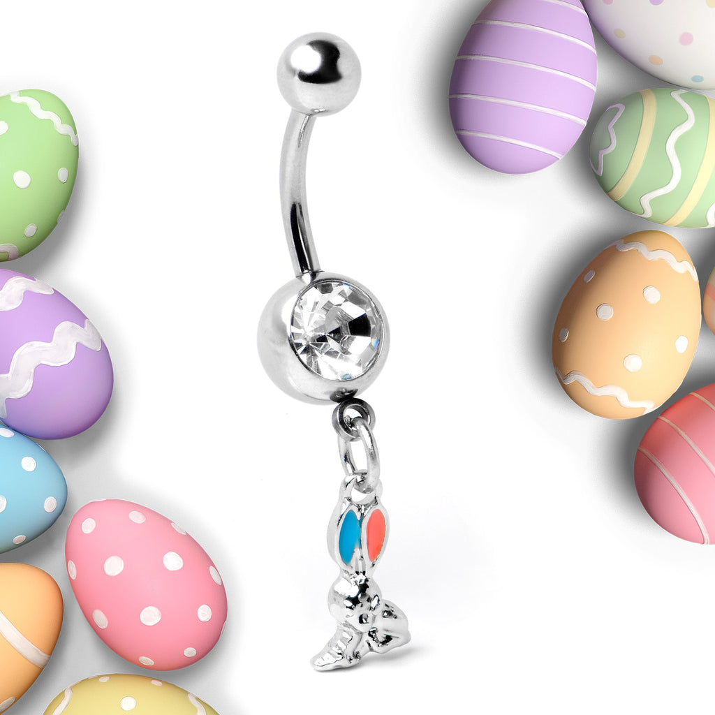 BodyCandy Clear Gem Easter Bunny Red Blue Ears Dangle Belly Ring — side view