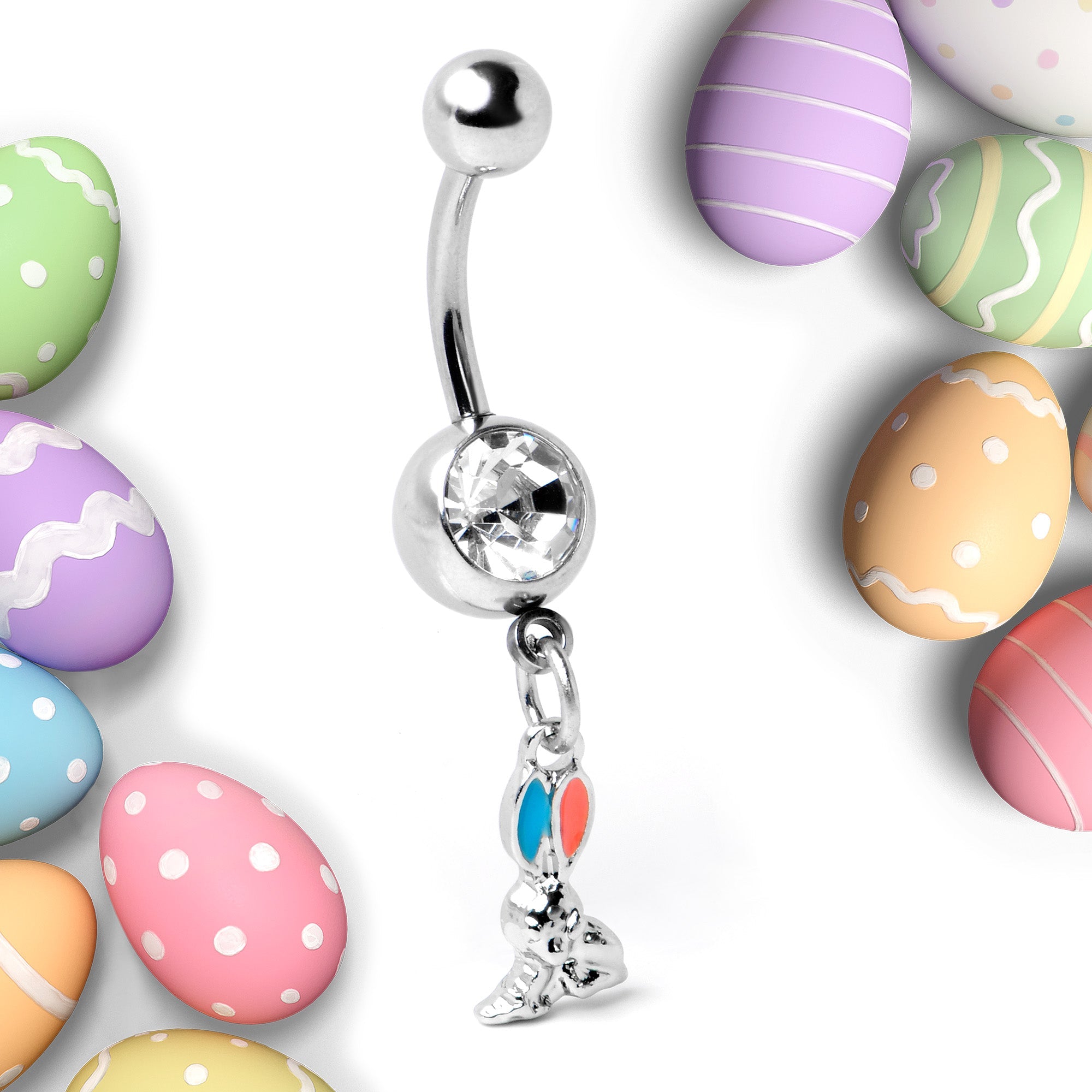 BodyCandy Clear Gem Easter Bunny Red Blue Ears Dangle Belly Ring — side view