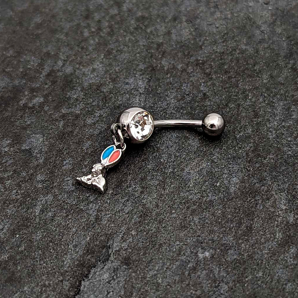 BodyCandy Clear Gem Easter Bunny Red Blue Ears Dangle Belly Ring — back view