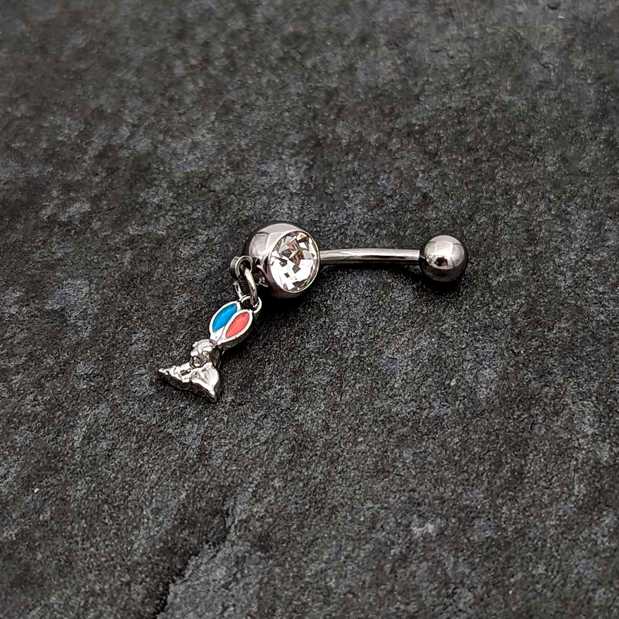 BodyCandy Clear Gem Easter Bunny Red Blue Ears Dangle Belly Ring — back view