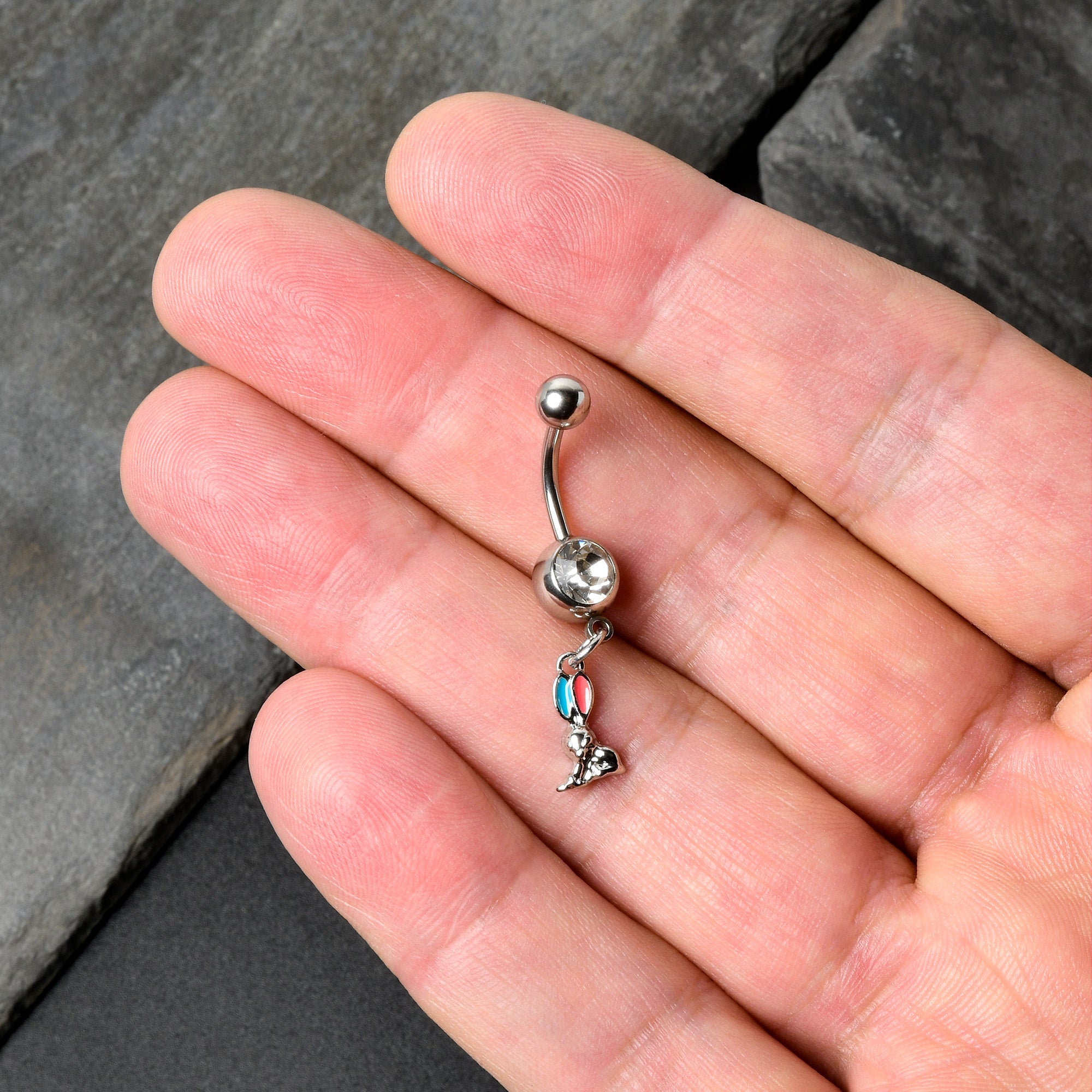 BodyCandy Clear Gem Easter Bunny Red Blue Ears Dangle Belly Ring — in-use photo