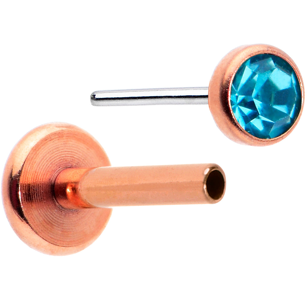 BodyCandy 16G 5/16 Blue Gem Rose Gold Tone Threadless Labret Monroe Tragus — detail close-up