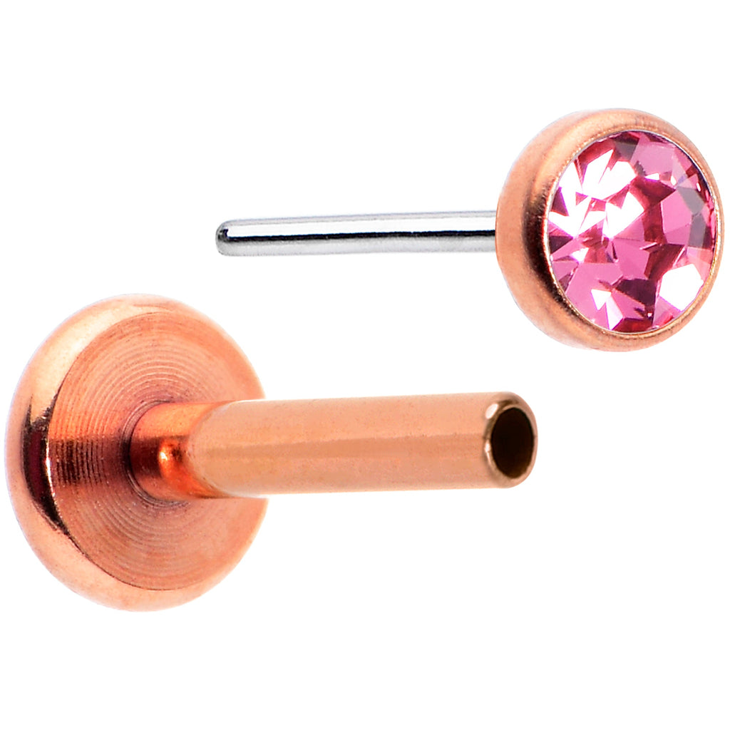 BodyCandy 16G 5/16 Pink Gem Rose Gold Tone Threadless Labret Monroe Tragus — detail close-up