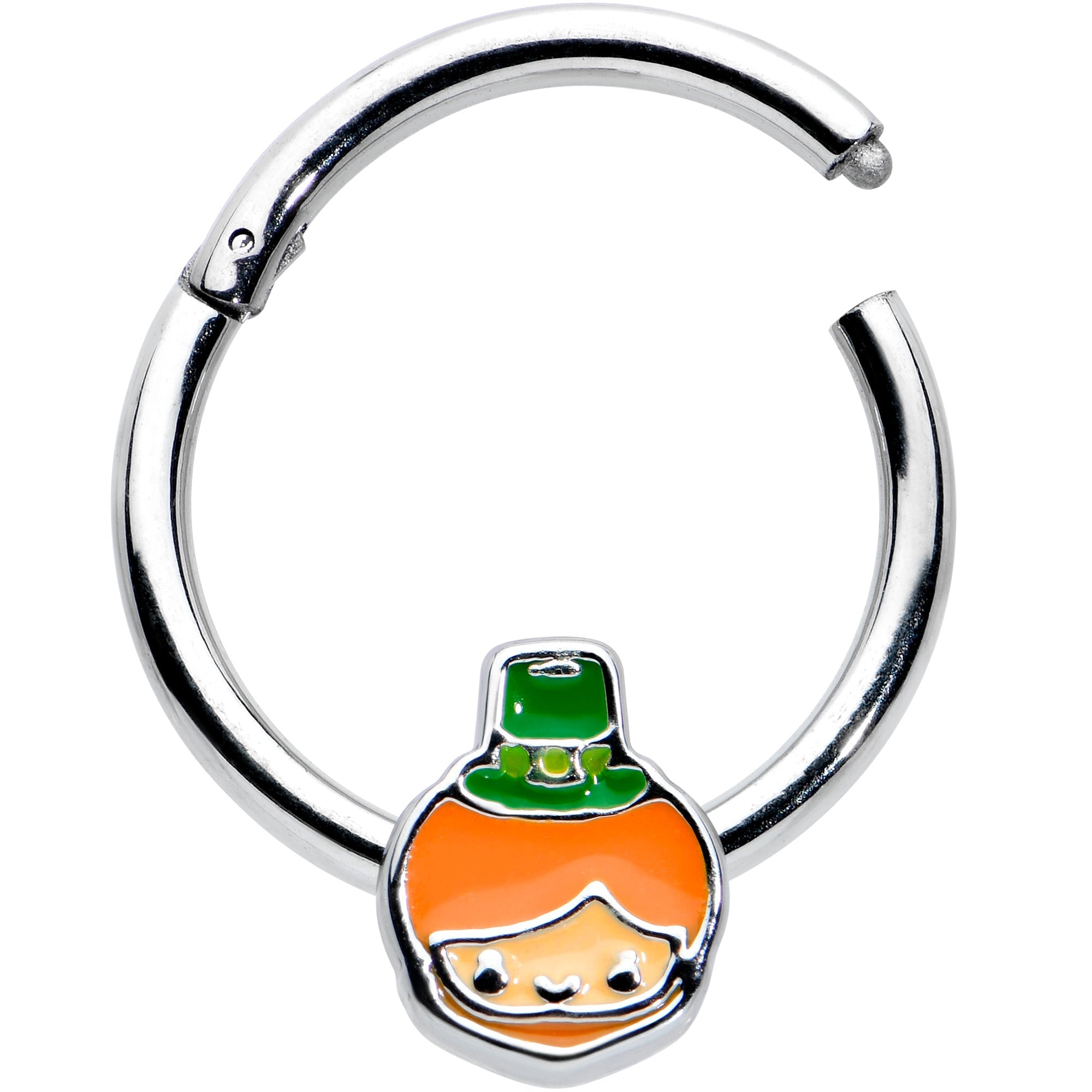 BodyCandy 16G 3/8 Sweet Happy Leprechaun St Patricks Hinged Segment Ring — detail close-up