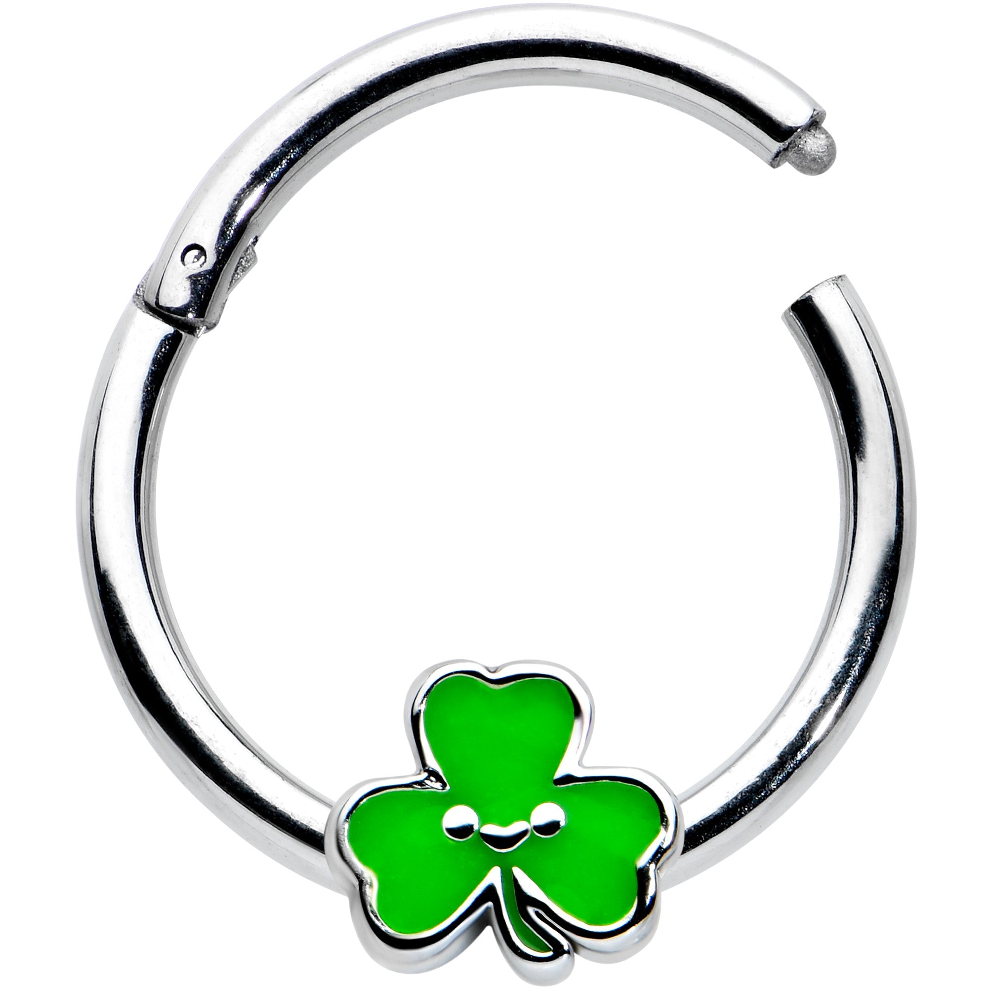BodyCandy 16G 3/8 Sweet Happy Shamrock St Patricks Hinged Segment Ring — detail close-up