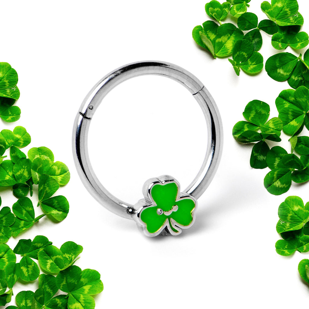 BodyCandy 16G 3/8 Sweet Happy Shamrock St Patricks Hinged Segment Ring — side view