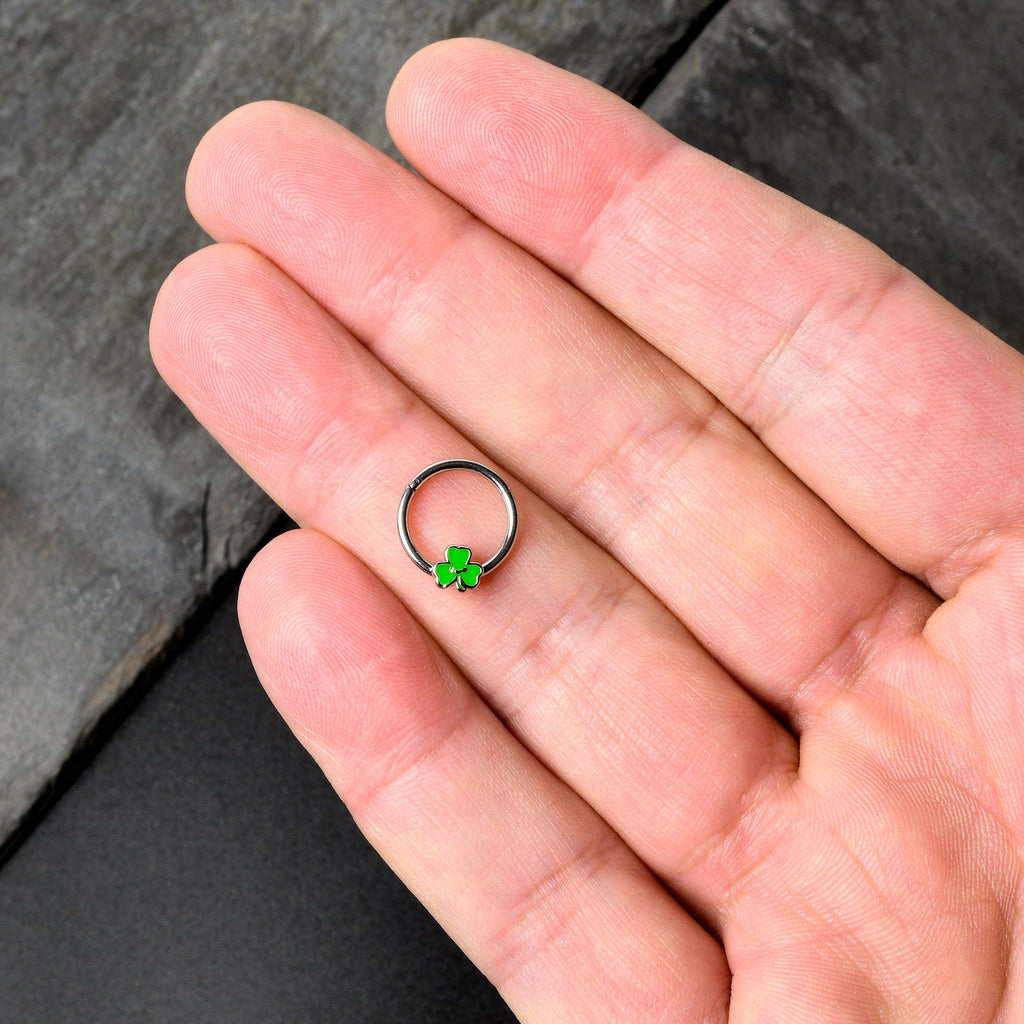 BodyCandy 16G 3/8 Sweet Happy Shamrock St Patricks Hinged Segment Ring — alternative angle