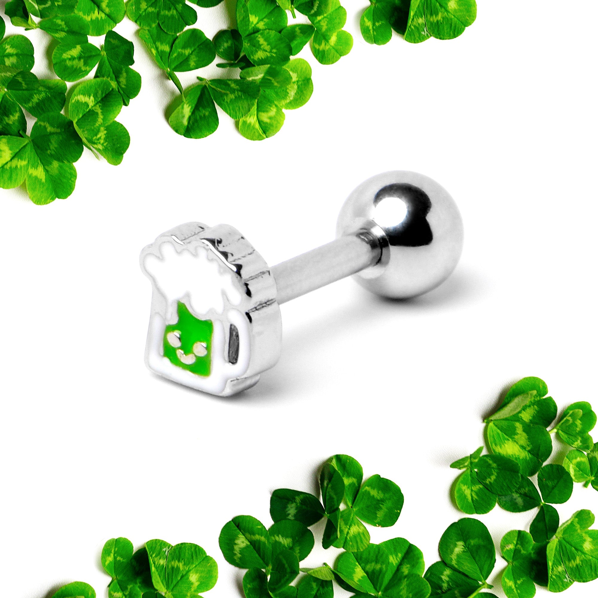 BodyCandy 16G 1/4 Sweet Happy Green Beer St Patricks Cartilage Tragus Earring — back view