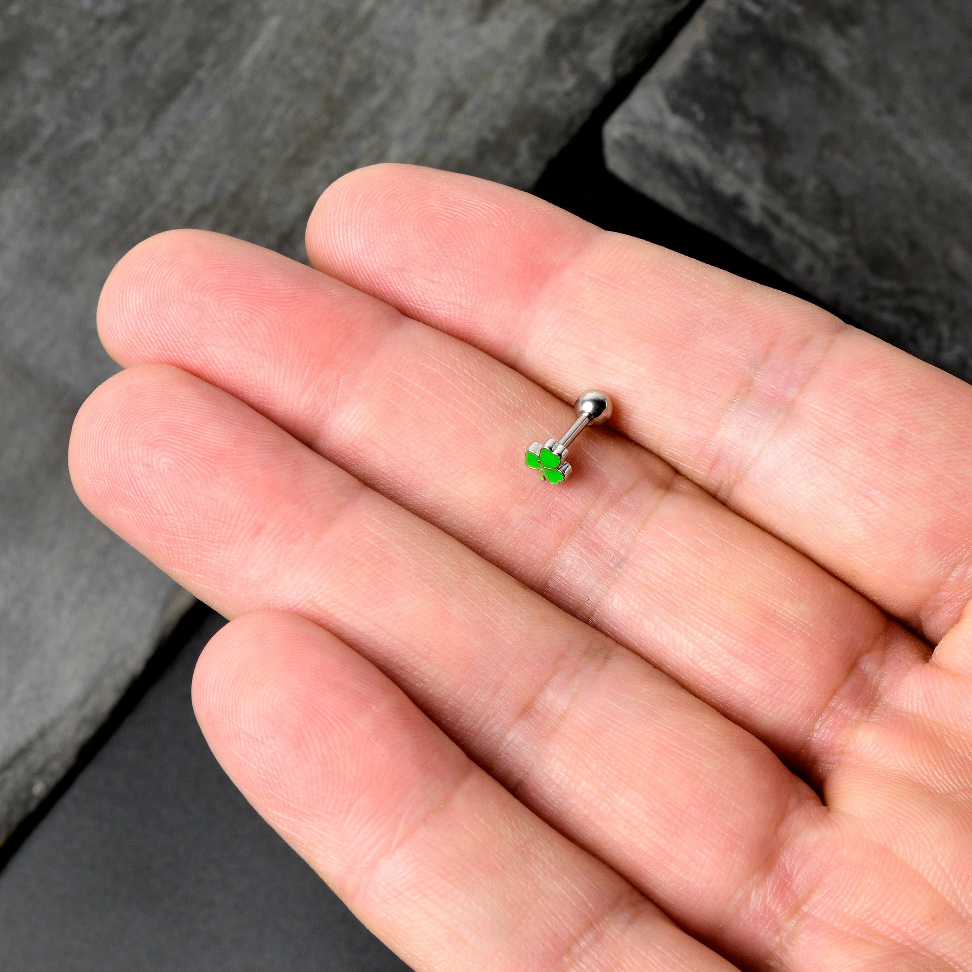 BodyCandy 16G 1/4 Sweet Happy Shamrock St Patricks Cartilage Tragus Earring — in-use photo
