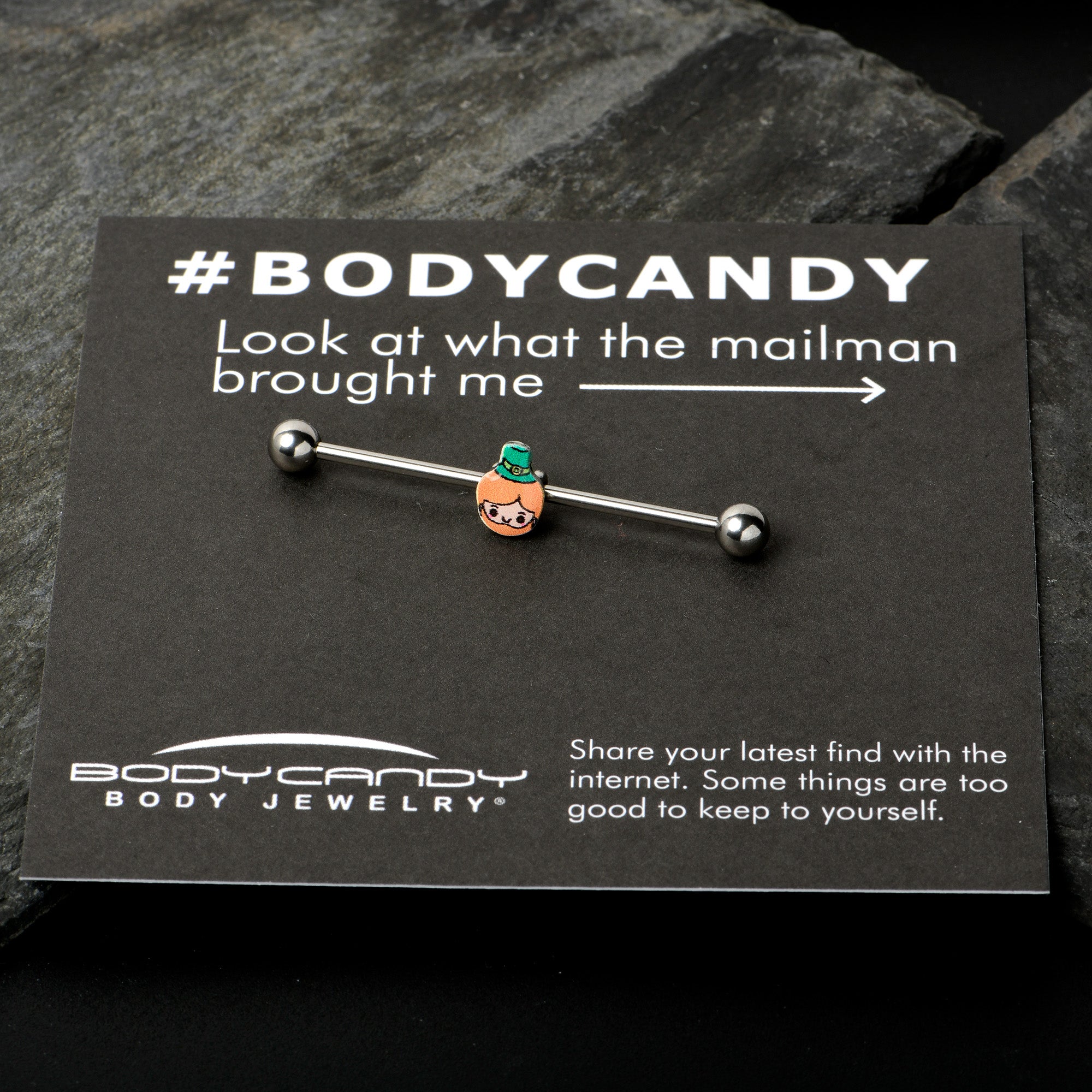 BodyCandy 14G Sweet Happy Leprechaun St Patricks Industrial Barbell 38mm — in-use photo