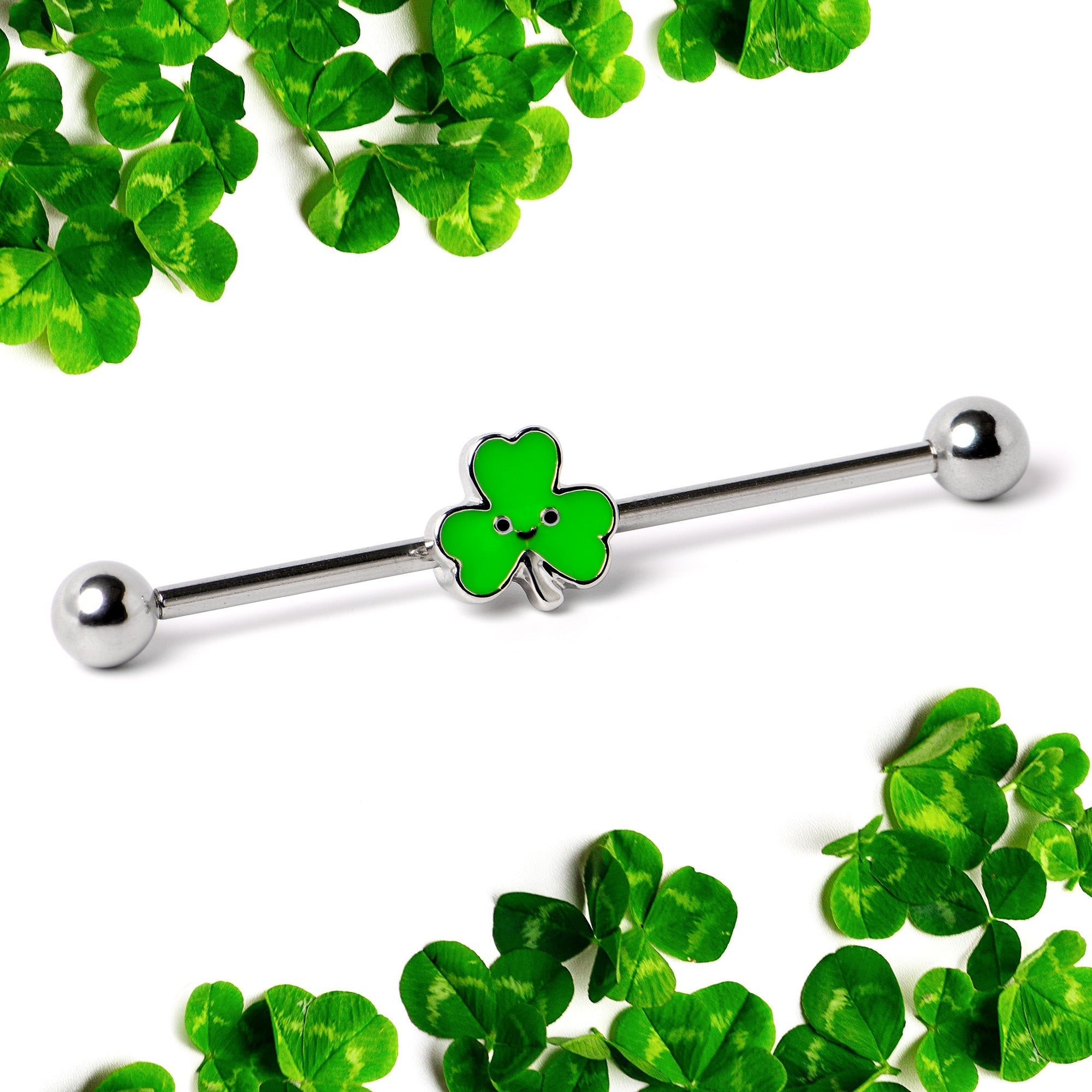 BodyCandy 14G Sweet Happy Shamrock St Patricks Industrial Barbell 38mm — side view