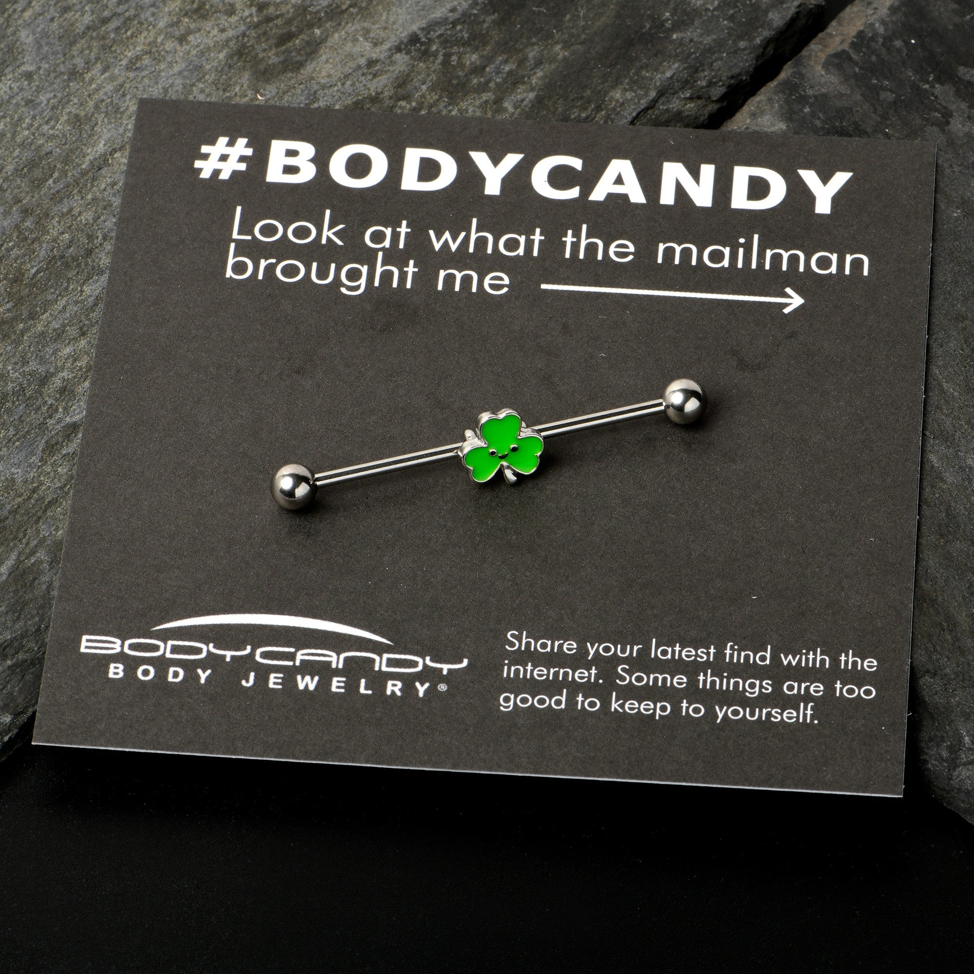 BodyCandy 14G Sweet Happy Shamrock St Patricks Industrial Barbell 38mm — in-use photo