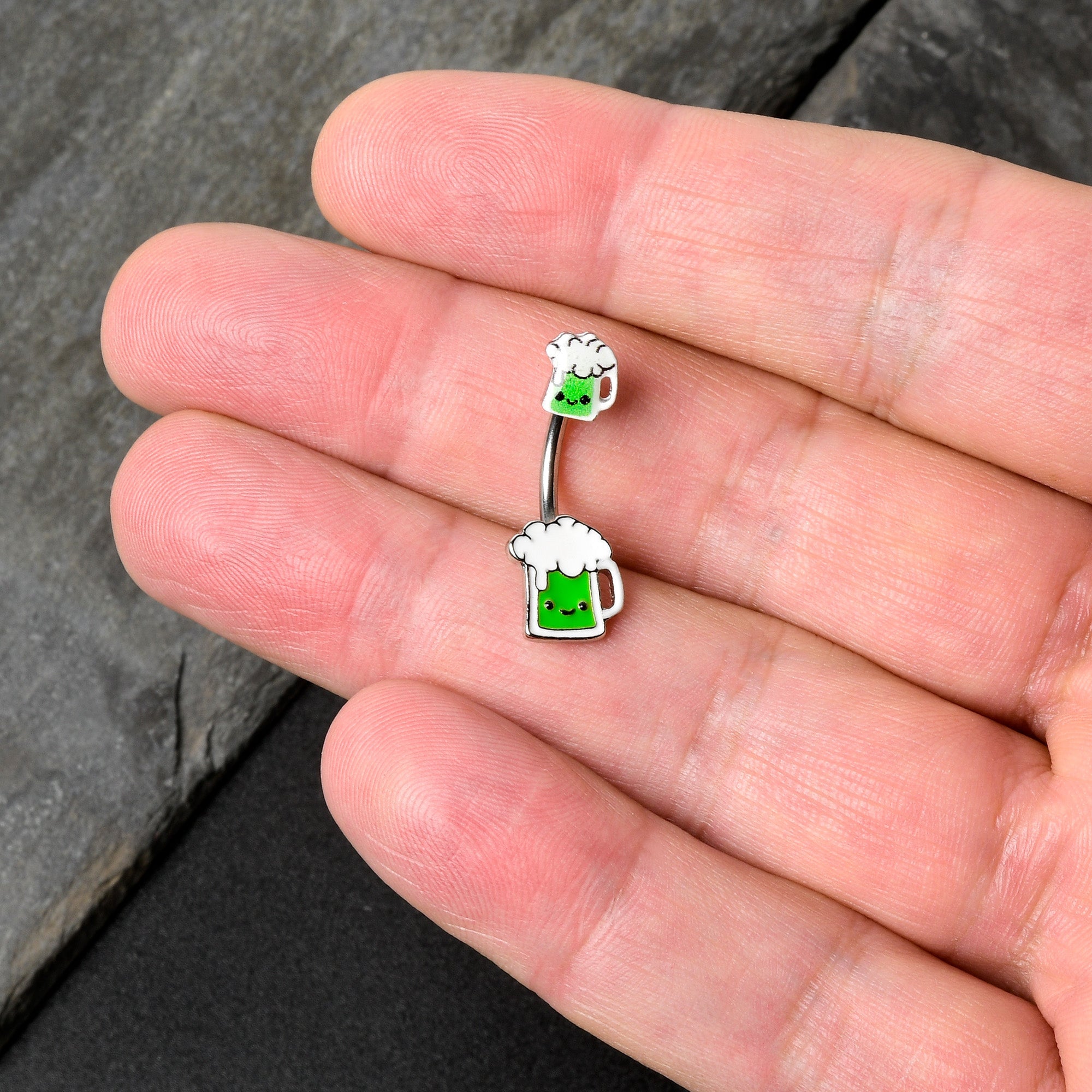 BodyCandy Sweet Happy Green Beer St Patricks Day Double Mount Belly Ring — in-use photo