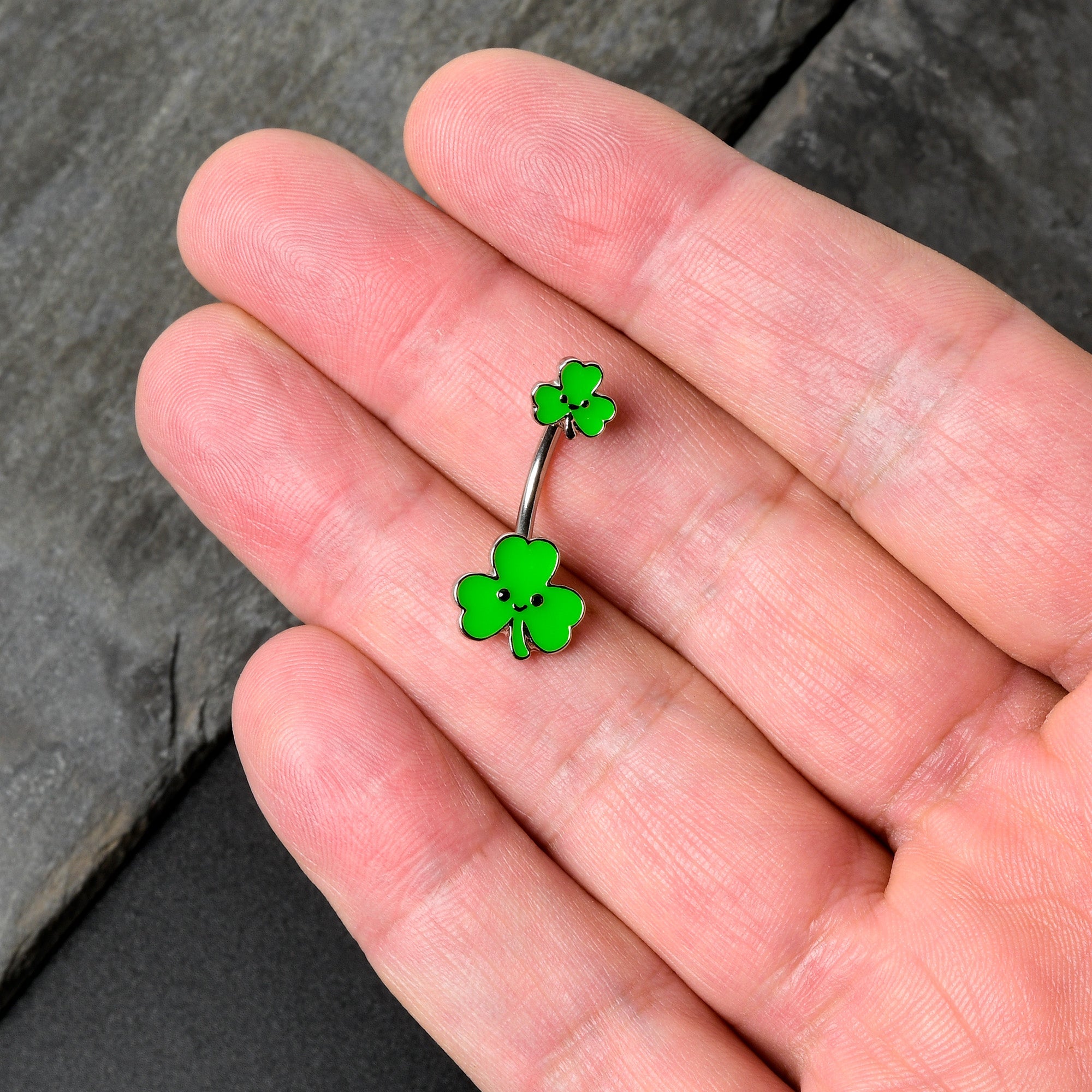 BodyCandy Sweet Happy Shamrocks St Patricks Day Double Mount Belly Ring — in-use photo