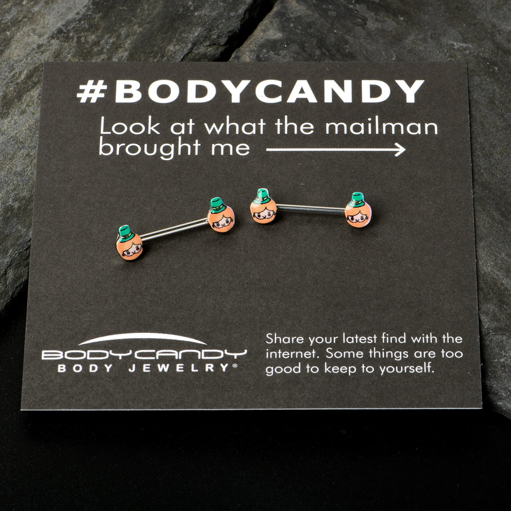 BodyCandy 14G 9/16 Sweet Happy Leprechaun St Patricks Day Nipple Ring Set — in-use photo