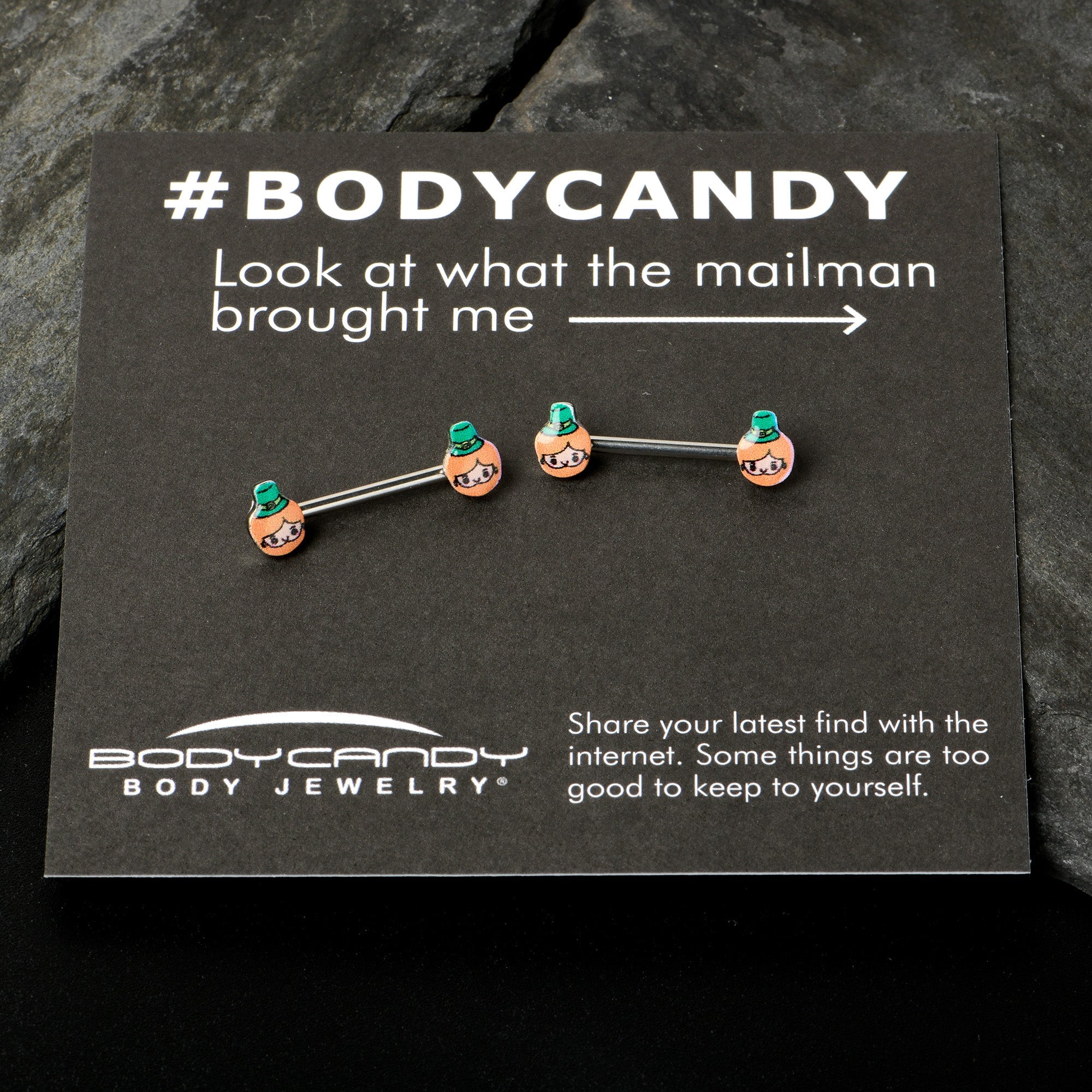 BodyCandy 14G 9/16 Sweet Happy Leprechaun St Patricks Day Nipple Ring Set — in-use photo
