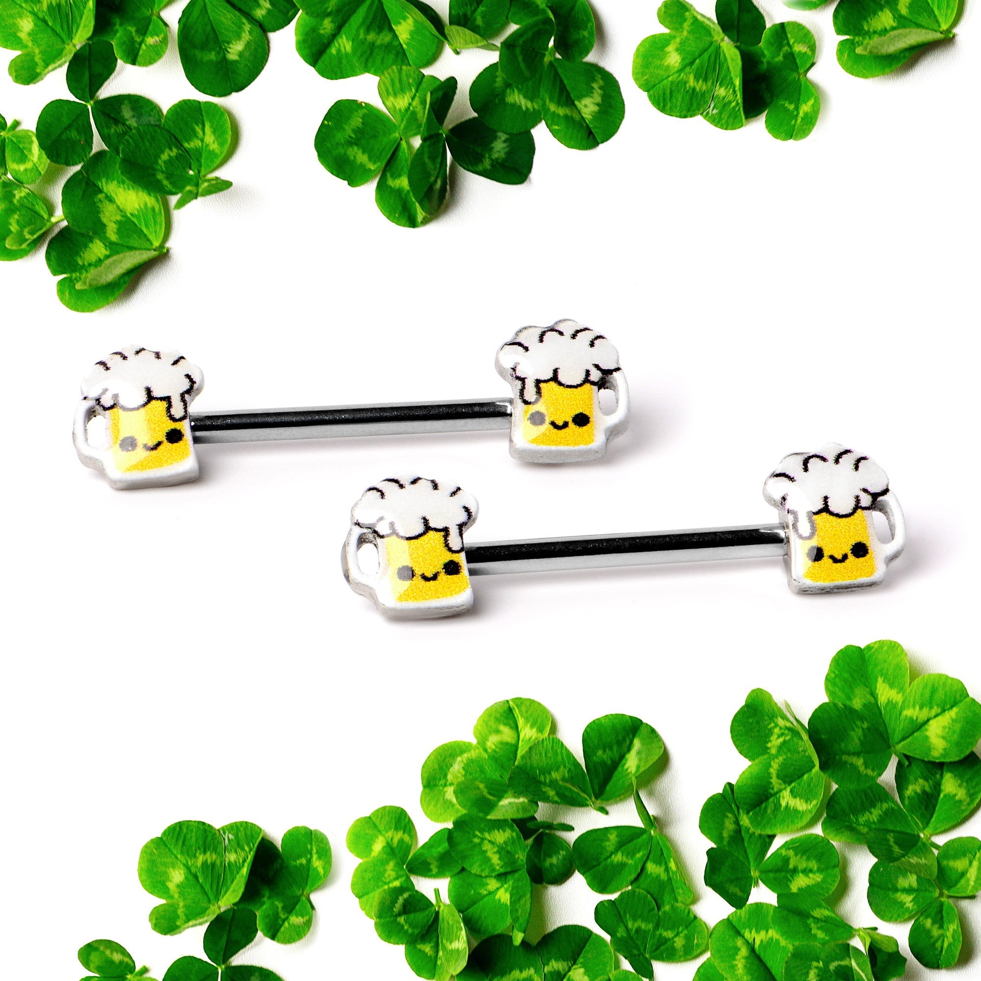 BodyCandy 14G 9/16 Sweet Happy Beer St Patricks Barbell Nipple Ring Set — side view