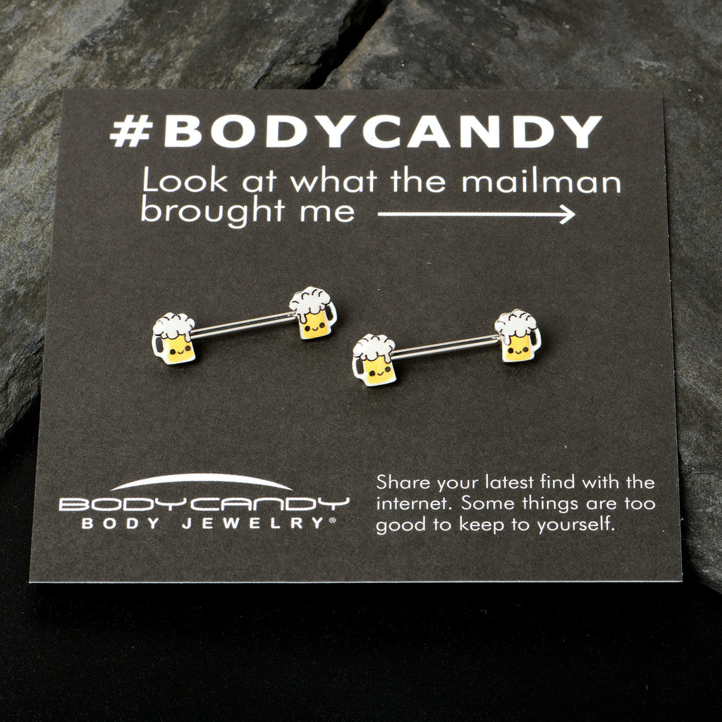 BodyCandy 14G 9/16 Sweet Happy Beer St Patricks Barbell Nipple Ring Set — in-use photo