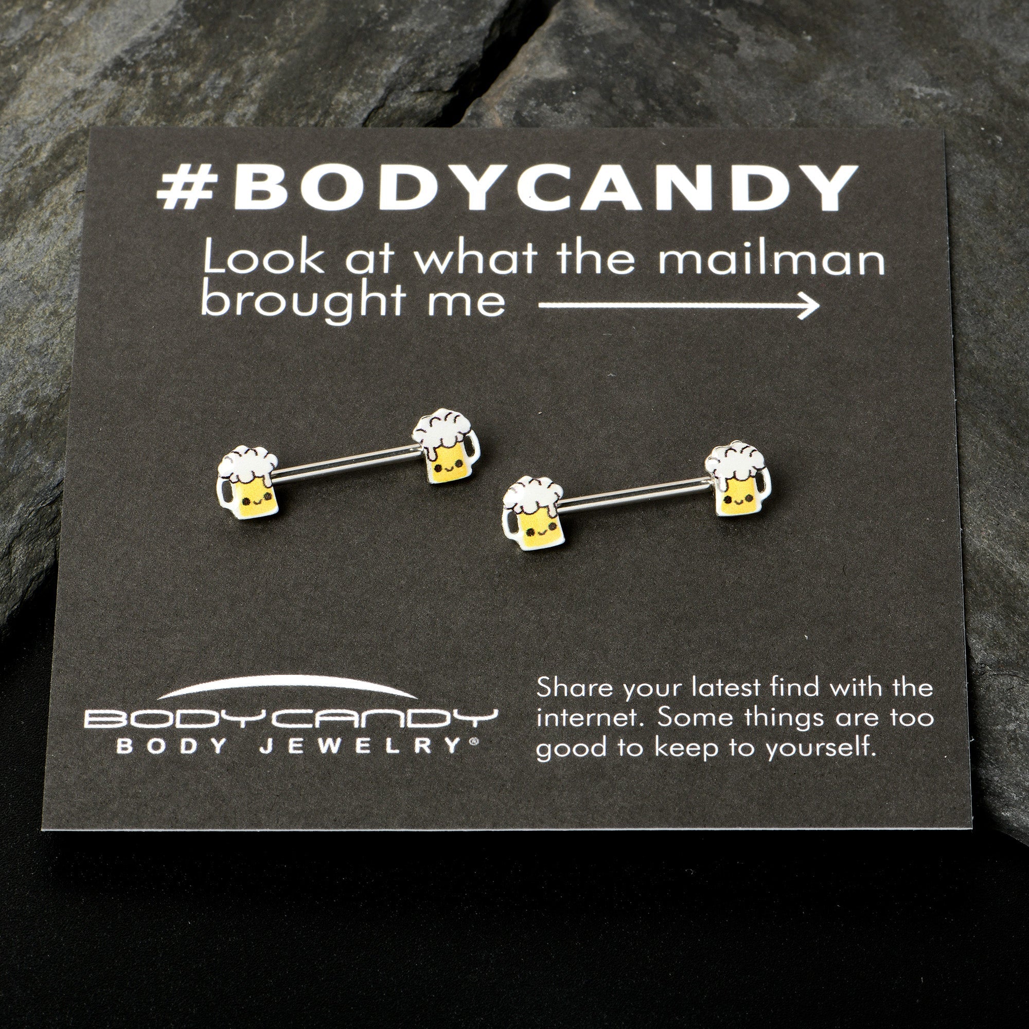 BodyCandy 14G 9/16 Sweet Happy Beer St Patricks Barbell Nipple Ring Set — in-use photo