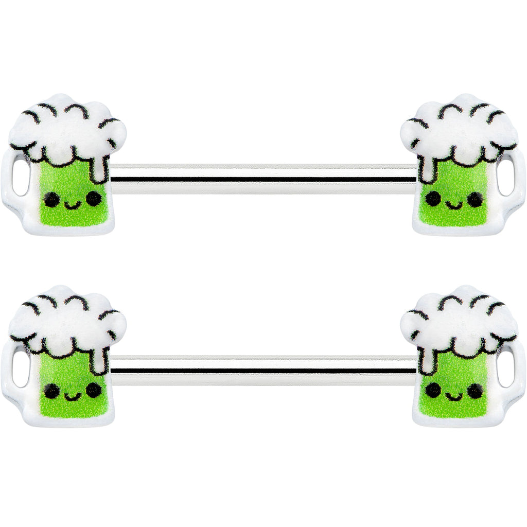 BodyCandy 14G 9/16 Sweet Happy Green Beer St Patricks Day Nipple Ring Set — detail close-up