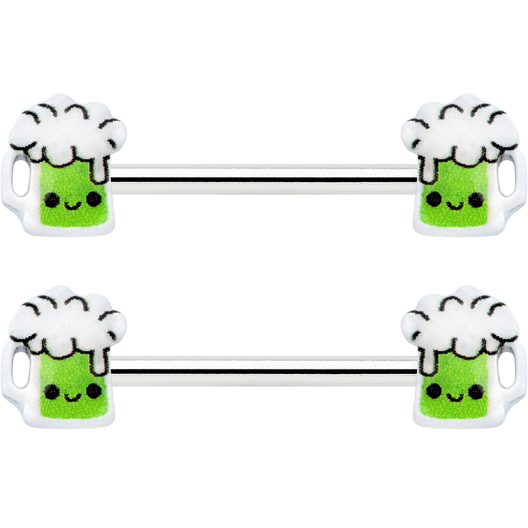BodyCandy 14G 9/16 Sweet Happy Green Beer St Patricks Day Nipple Ring Set — detail close-up