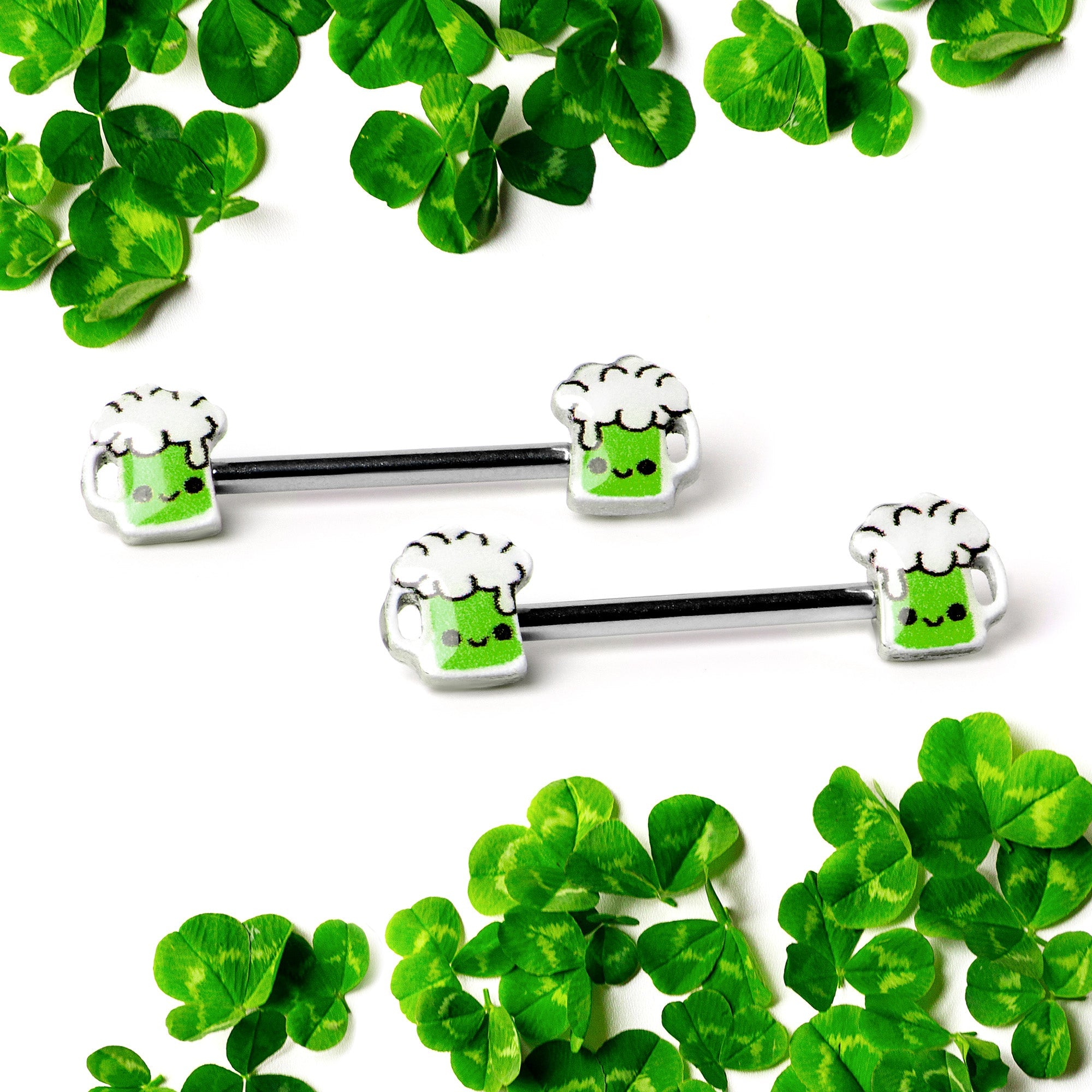 BodyCandy 14G 9/16 Sweet Happy Green Beer St Patricks Day Nipple Ring Set — side view
