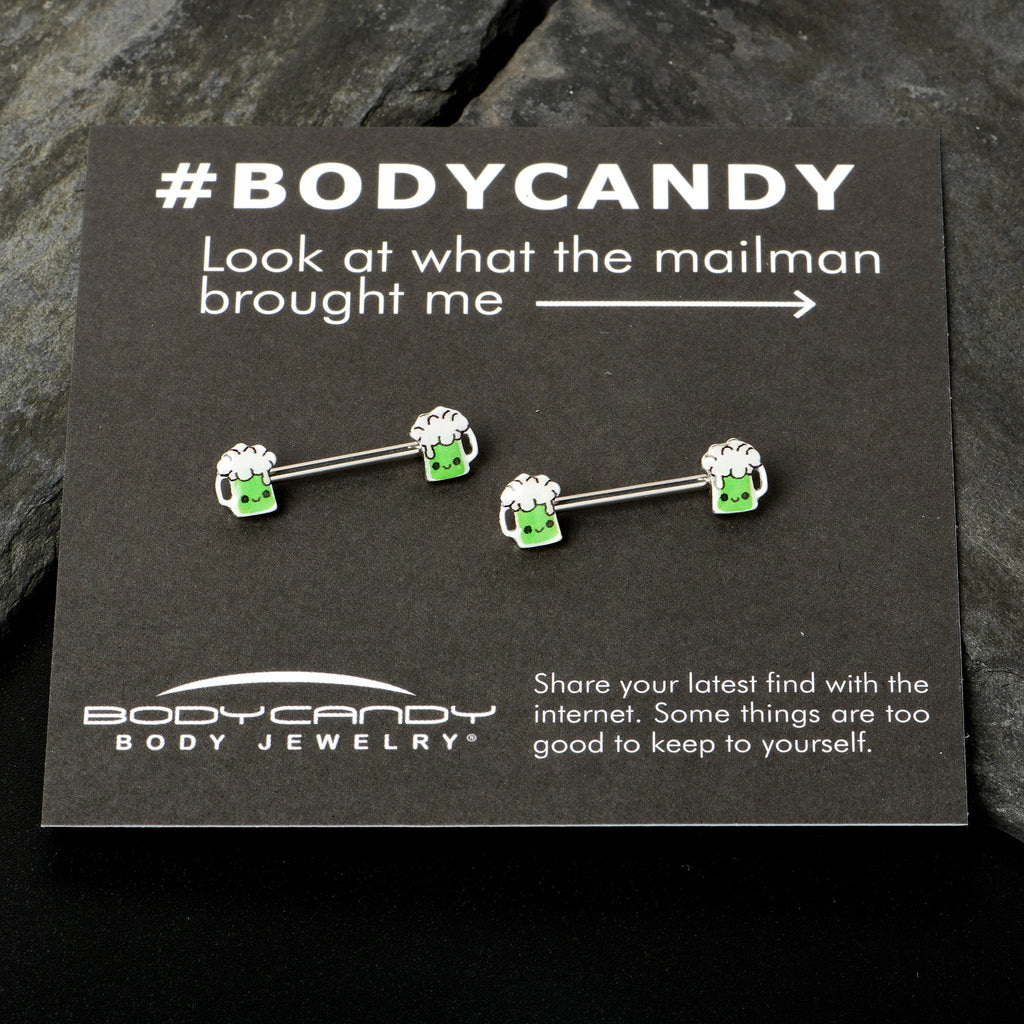 BodyCandy 14G 9/16 Sweet Happy Green Beer St Patricks Day Nipple Ring Set — in-use photo