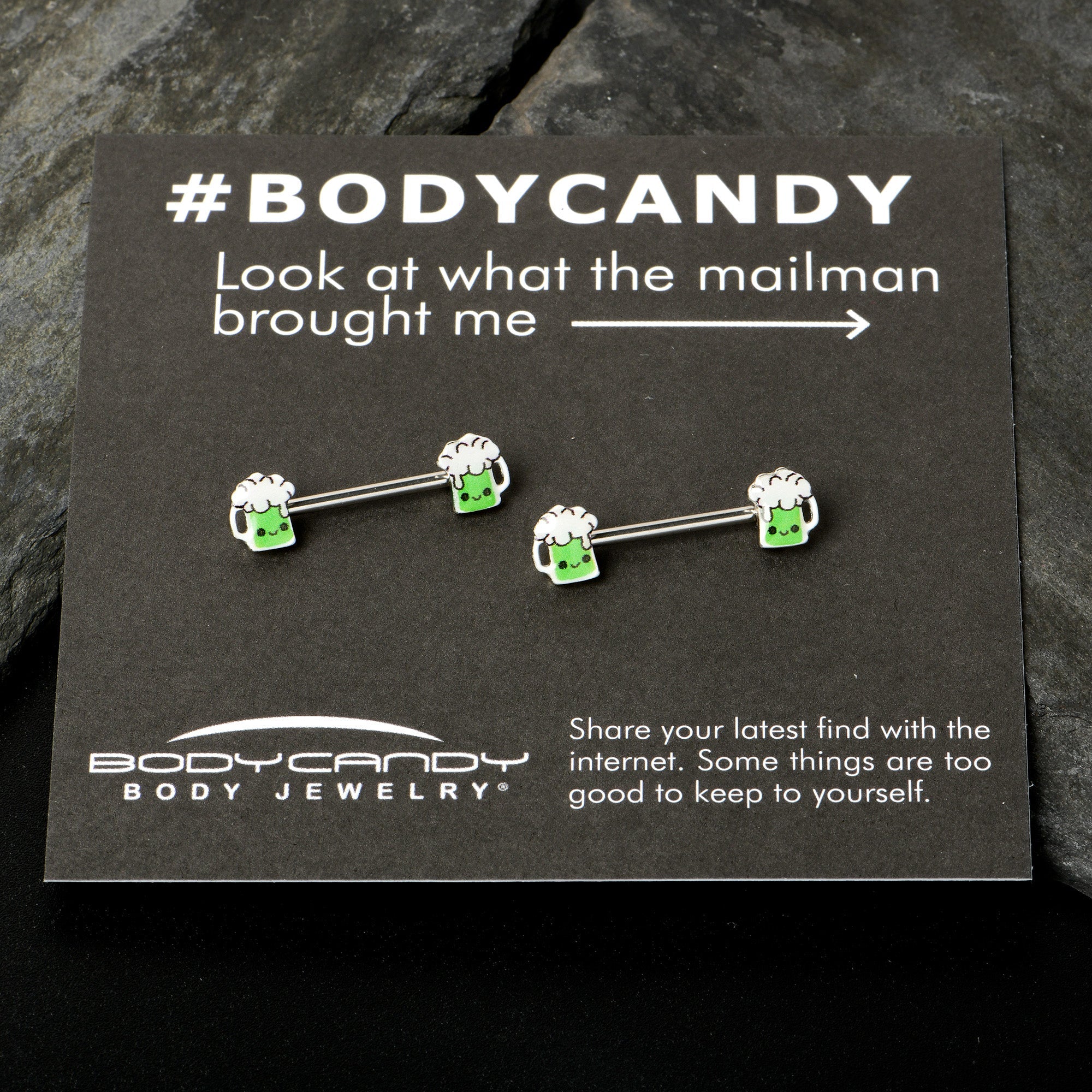 BodyCandy 14G 9/16 Sweet Happy Green Beer St Patricks Day Nipple Ring Set — in-use photo