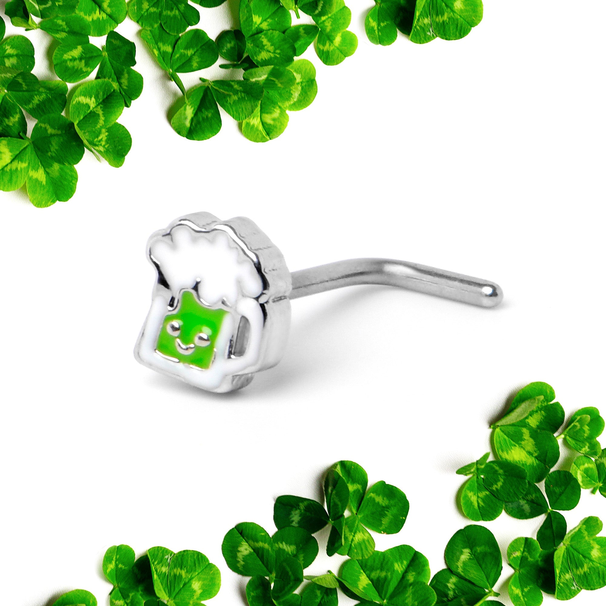 BodyCandy 20G 7mm Sweet Happy Green Beer St Patricks L Shape Nose Ring — back view