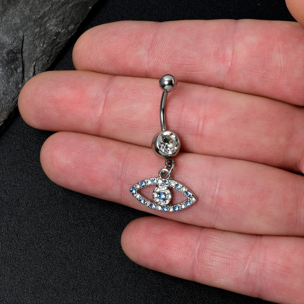 BodyCandy Blue Clear Gem Wide Eye Dangle Belly Ring — detail close-up
