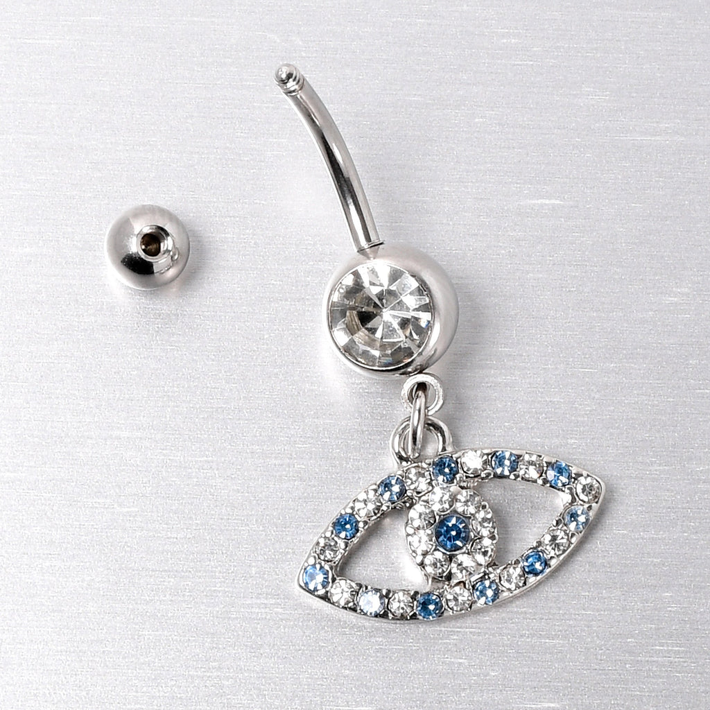BodyCandy Blue Clear Gem Wide Eye Dangle Belly Ring — side view