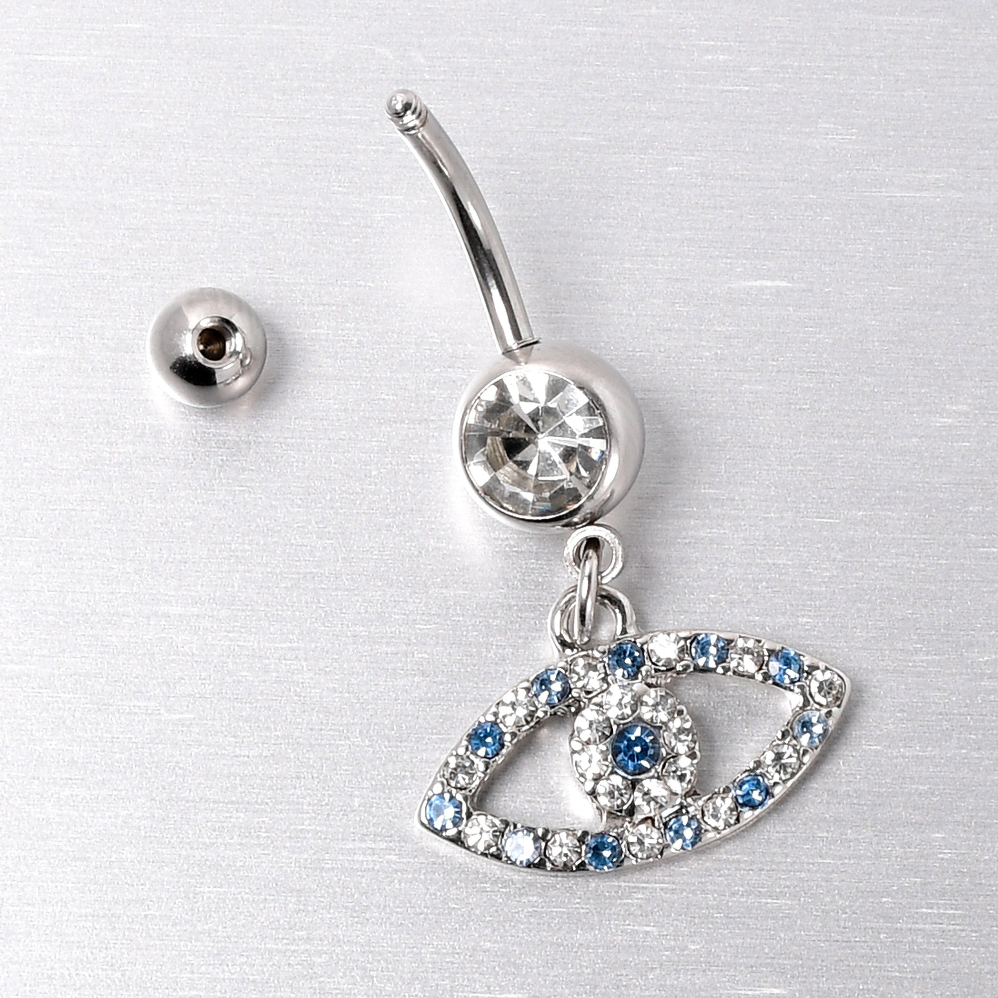 BodyCandy Blue Clear Gem Wide Eye Dangle Belly Ring — side view