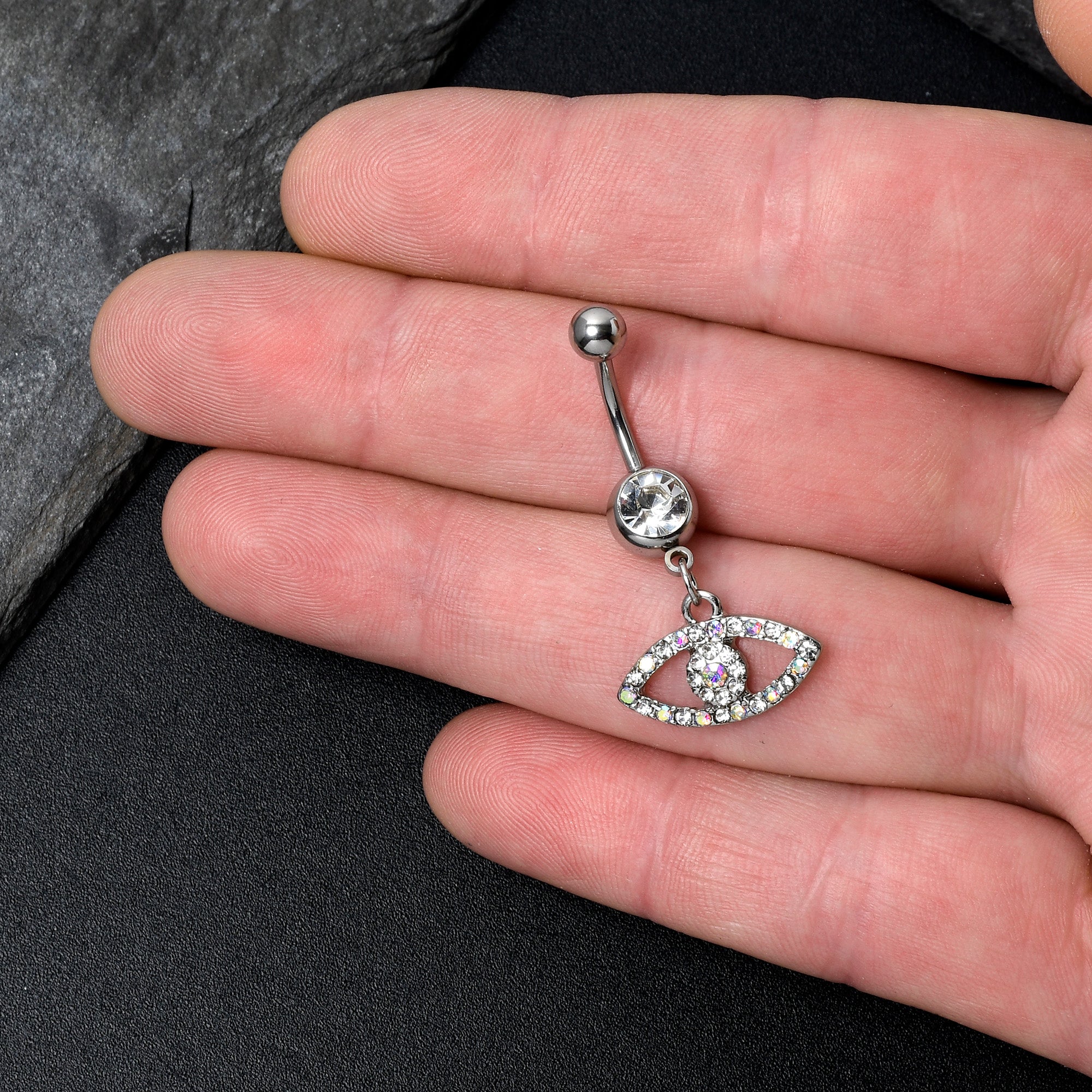 BodyCandy Aurora Clear Gem Wide Eye Dangle Belly Ring — detail close-up