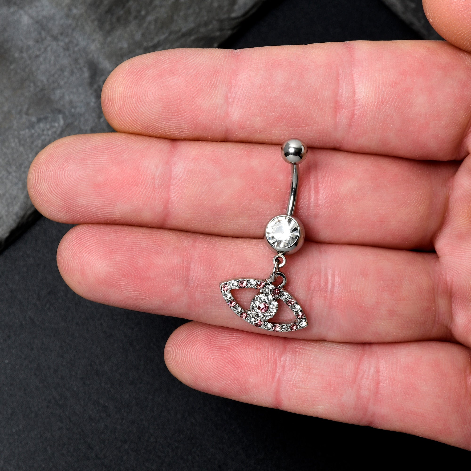 BodyCandy Pink Clear Gem Wide Eye Dangle Belly Ring — detail close-up
