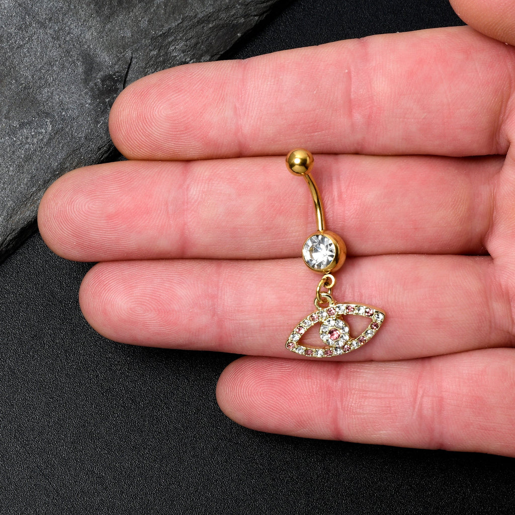 BodyCandy Pink Clear Gem Gold Tone Wide Eye Dangle Belly Ring — detail close-up