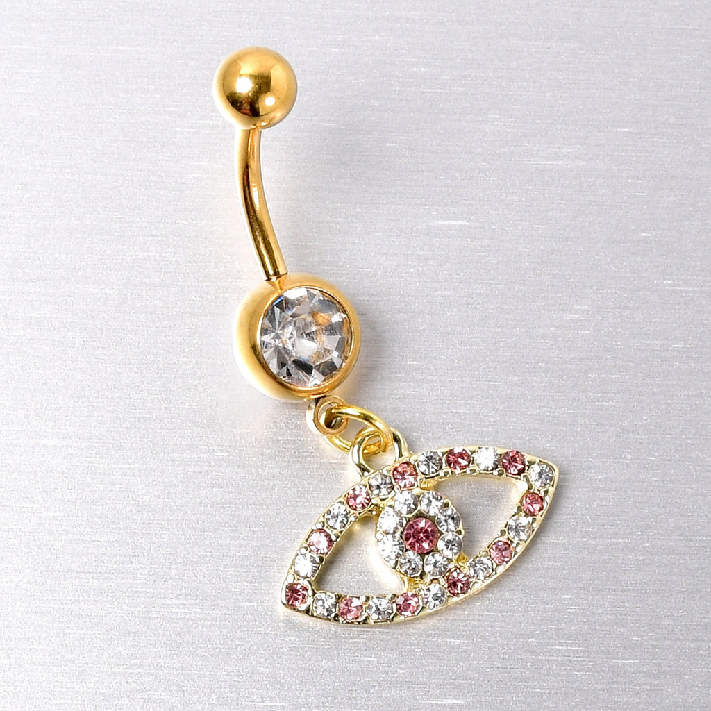 BodyCandy Pink Clear Gem Gold Tone Wide Eye Dangle Belly Ring — lifestyle context