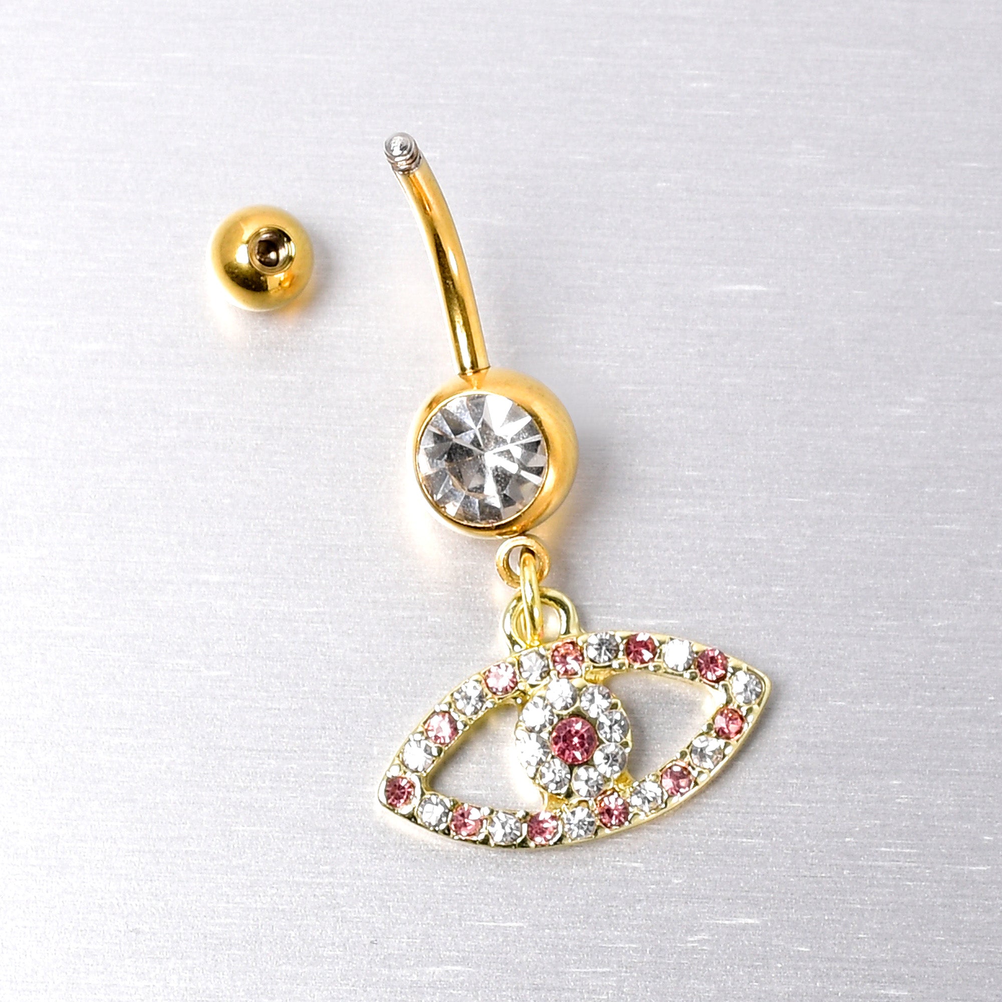 BodyCandy Pink Clear Gem Gold Tone Wide Eye Dangle Belly Ring — side view