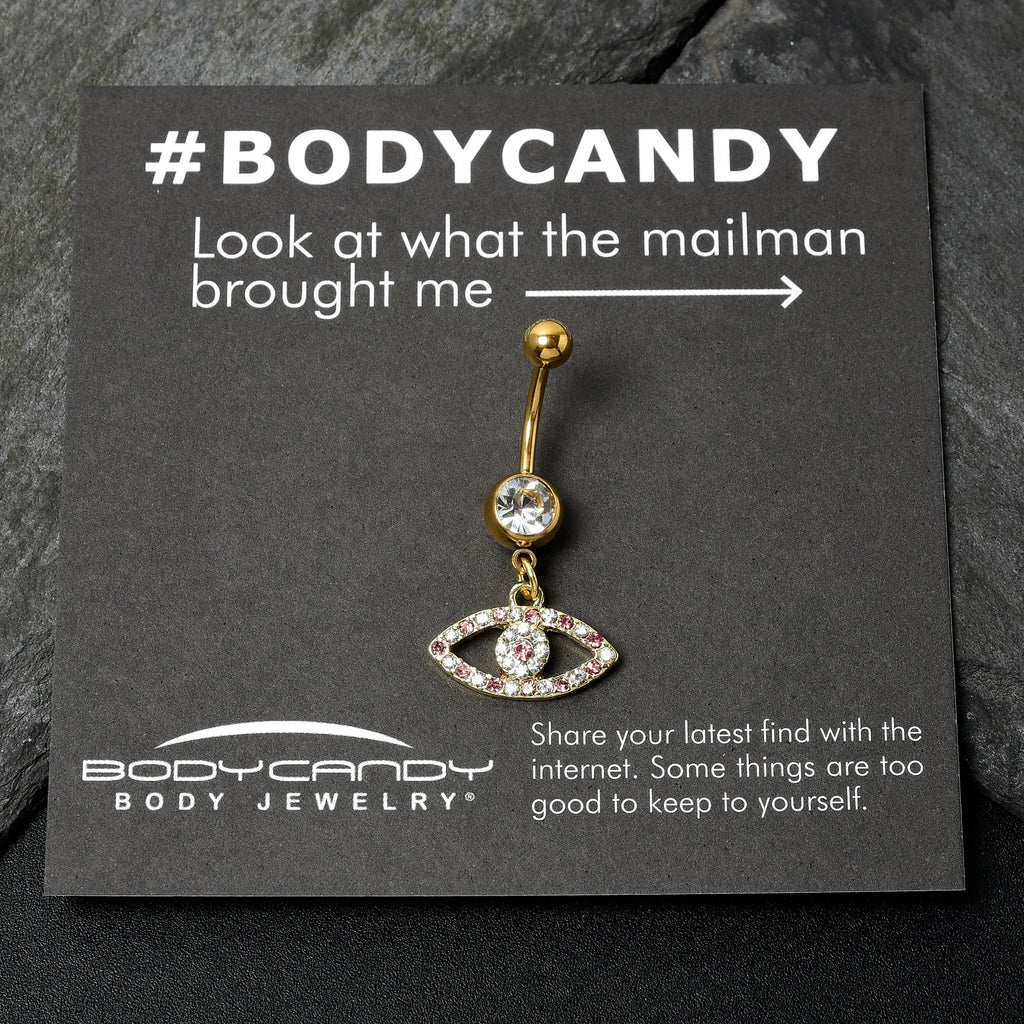 BodyCandy Pink Clear Gem Gold Tone Wide Eye Dangle Belly Ring — back view