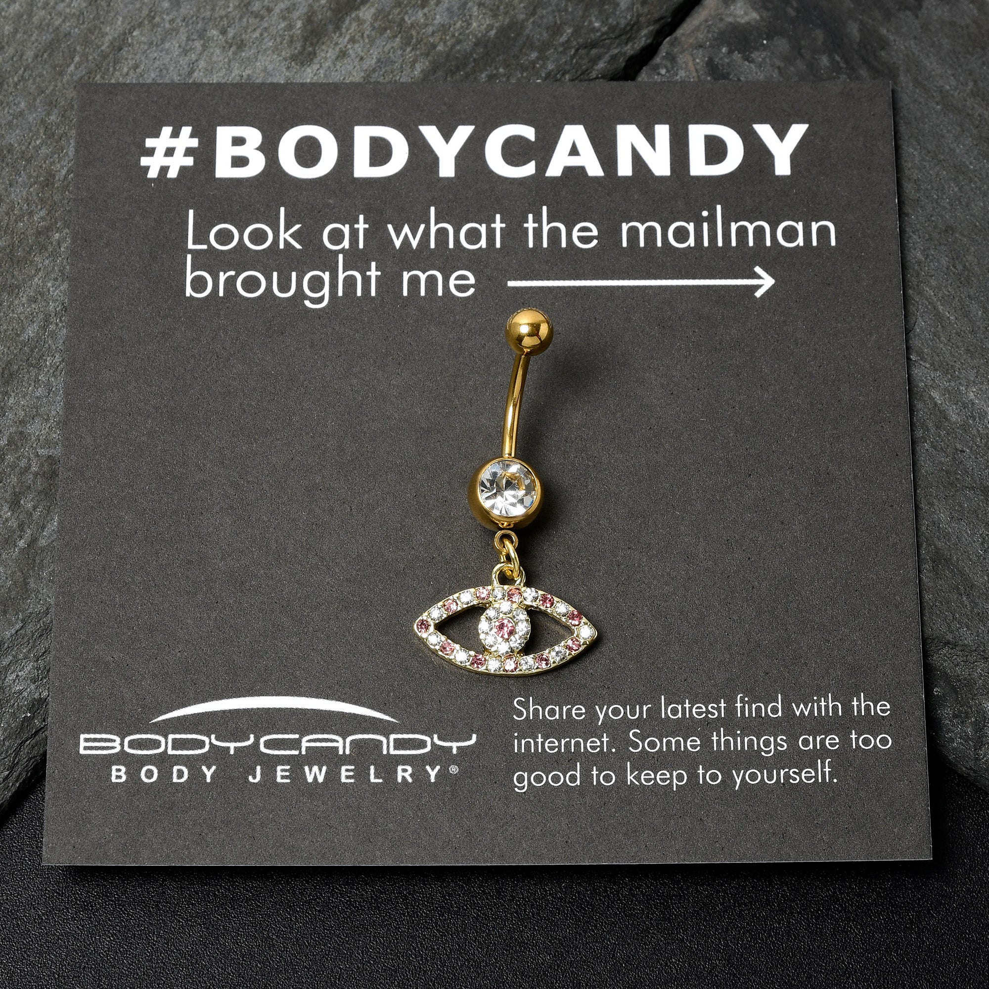 BodyCandy Pink Clear Gem Gold Tone Wide Eye Dangle Belly Ring — back view