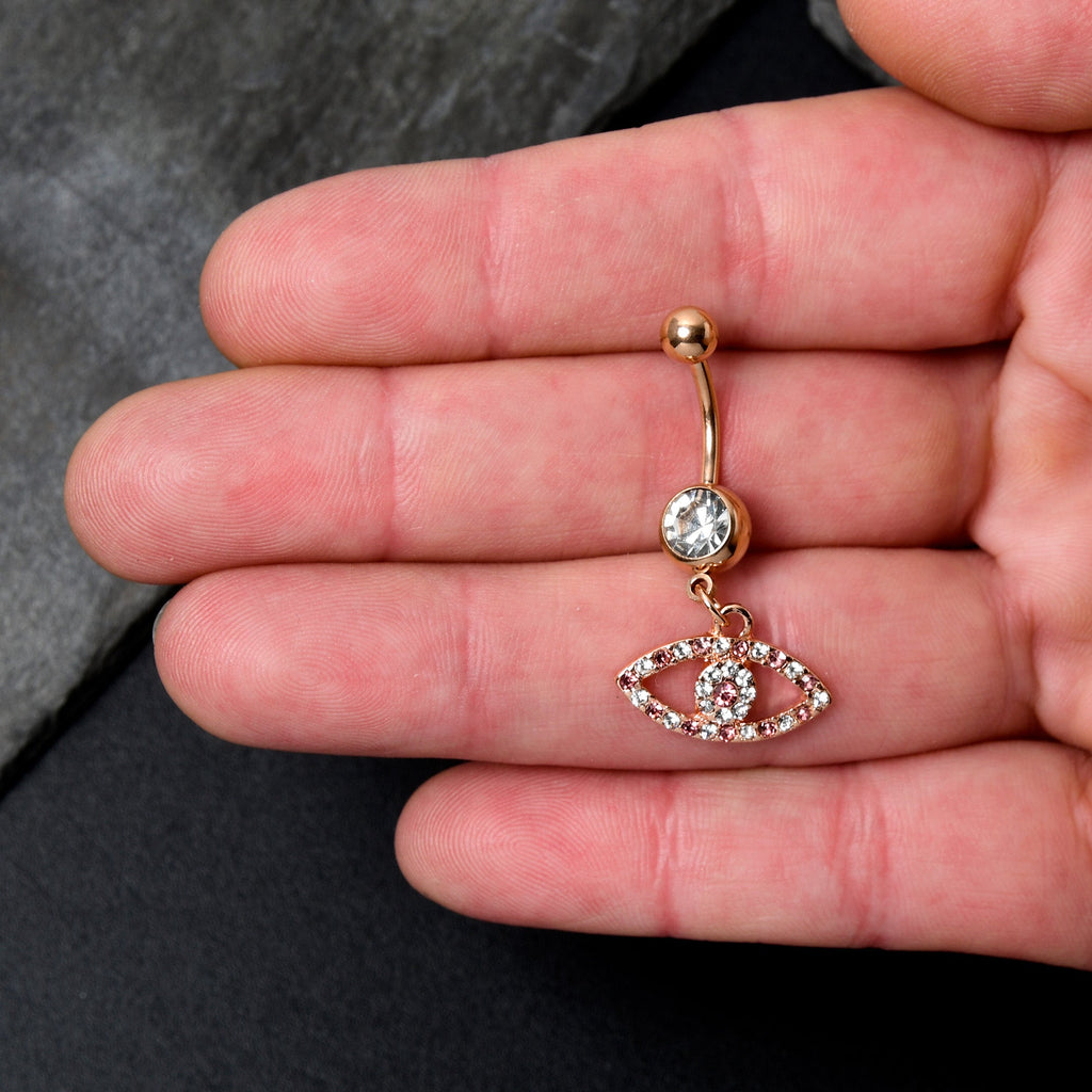 BodyCandy Pink Clear Gem Rose Gold Tone Wide Eye Dangle Belly Ring — detail close-up